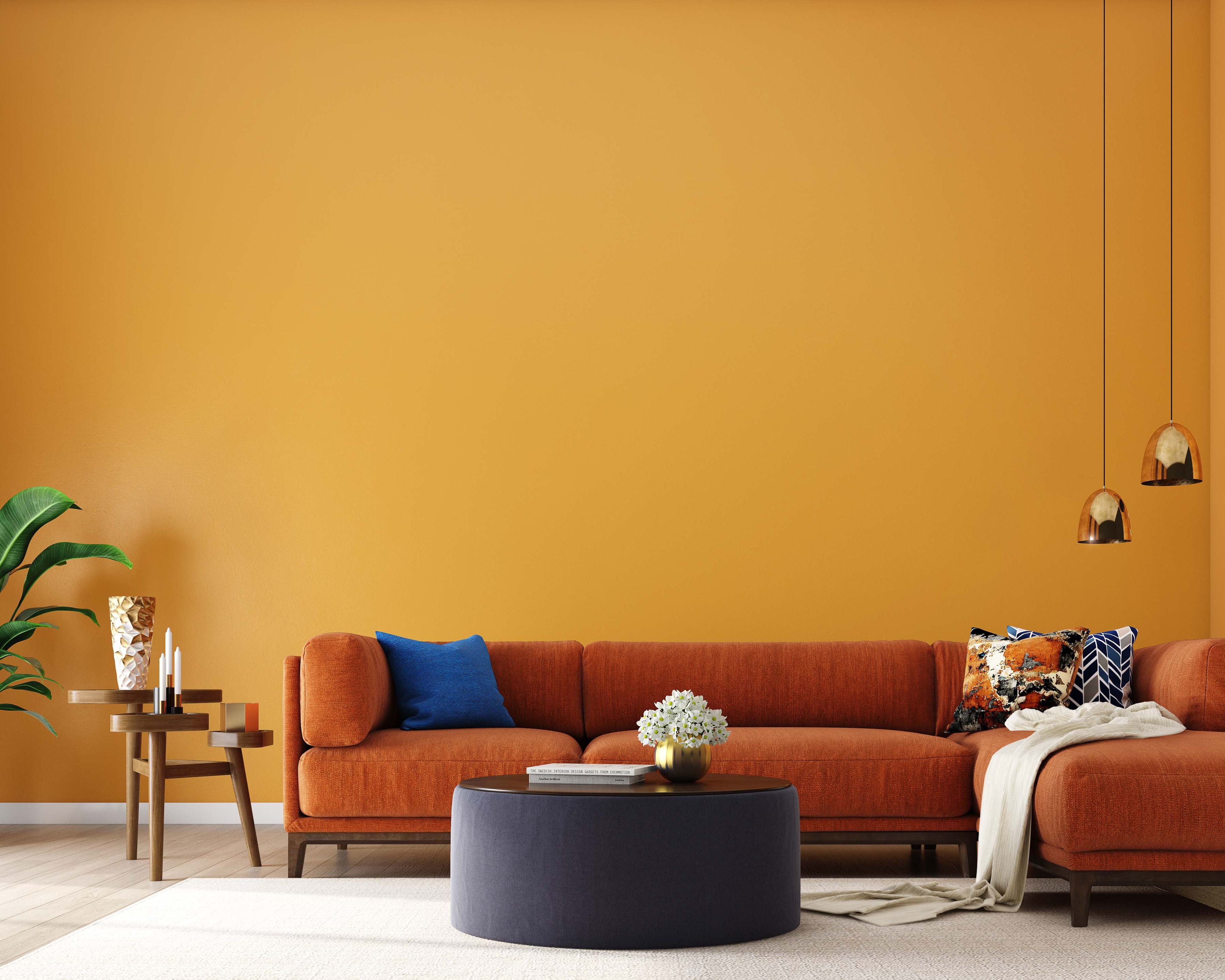 Mid-Century Modern Yellow Living Room Wall Paint Design