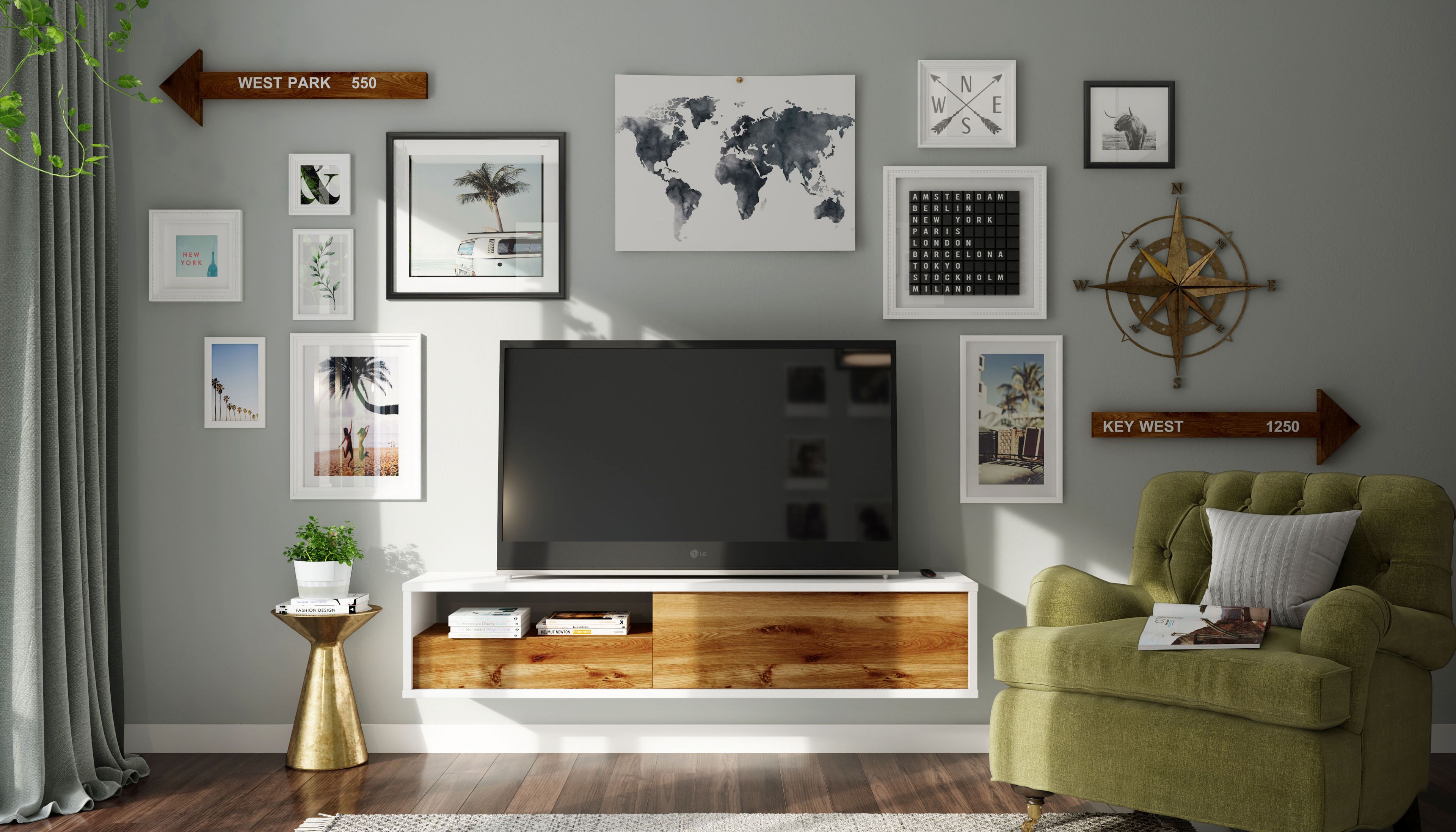 Mid-Century Modern Light Grey Wall Paint Design For TV Unit Walls