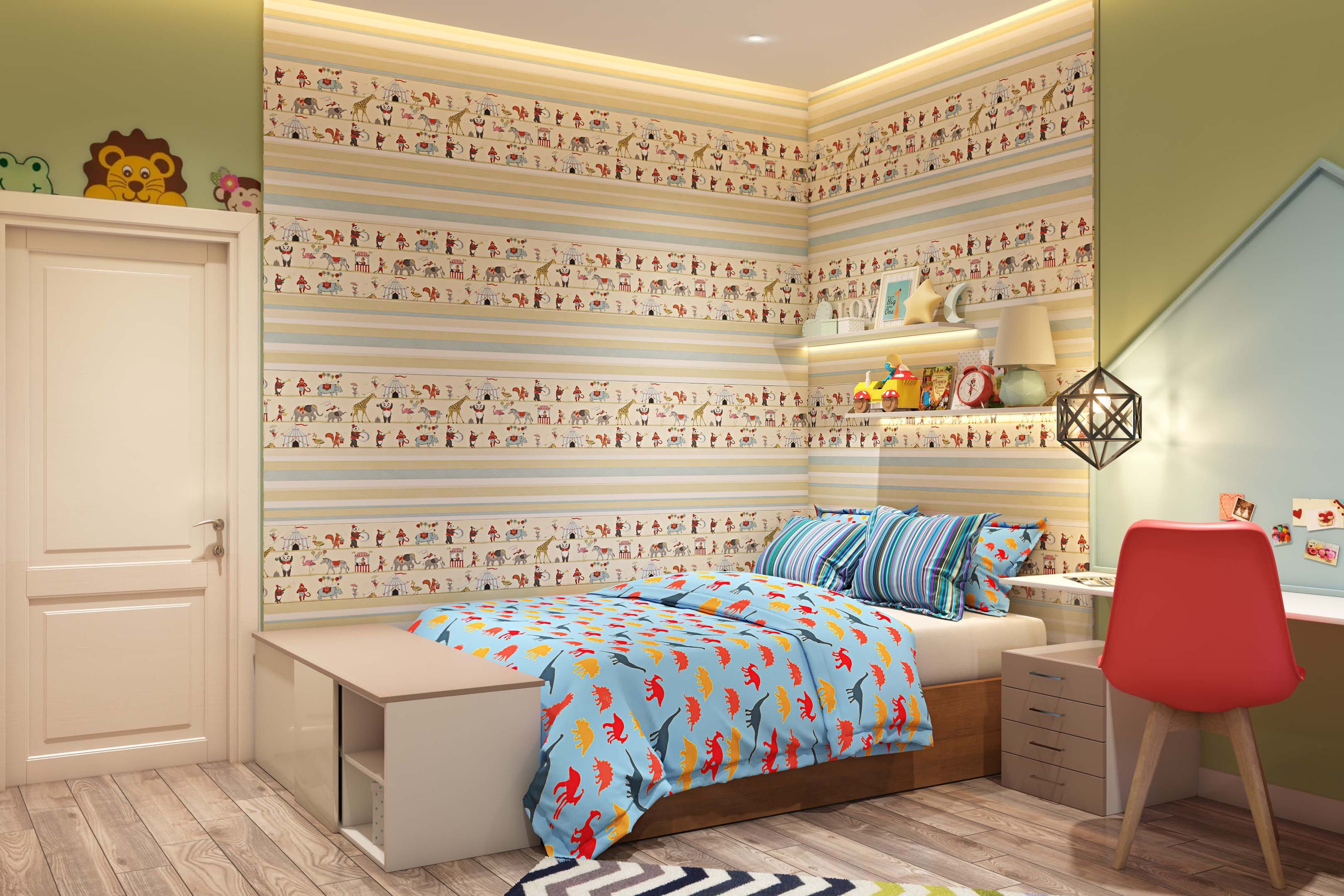 Modern Animal-Themed Multicolour Kids Bedroom Wallpaper Design