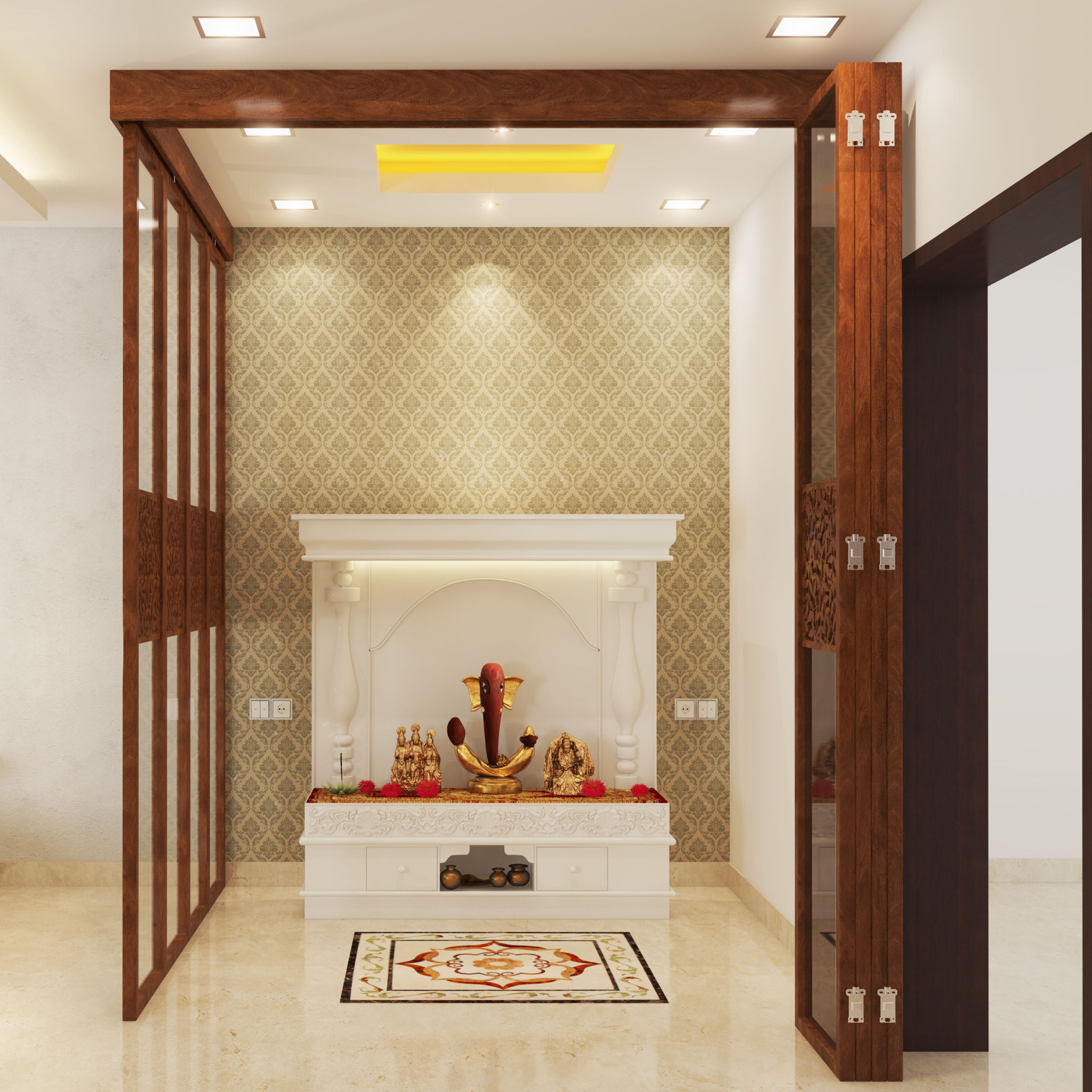 Modern beige damask wallpaper for refined pooja rooms -Livspace