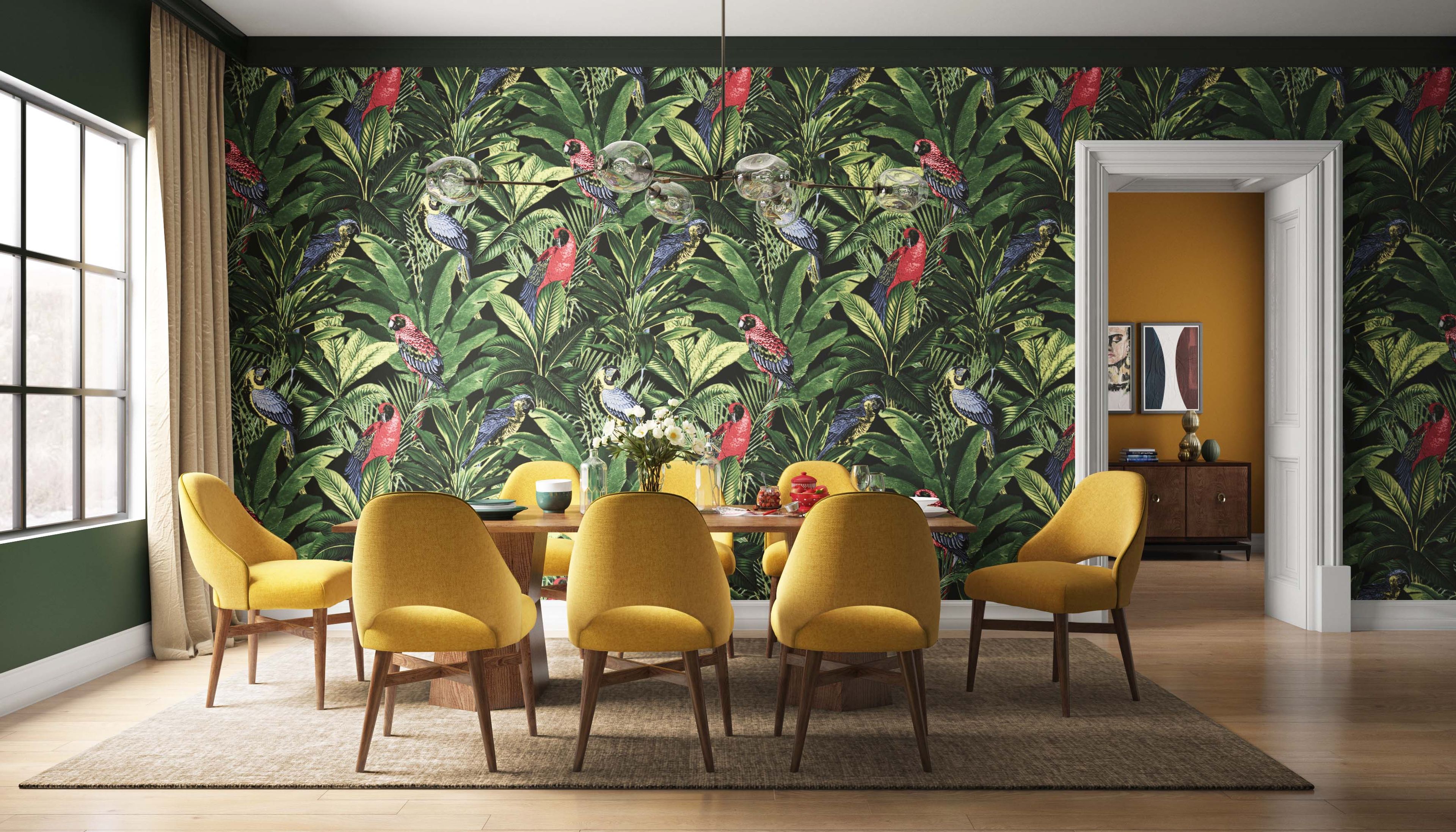 Nature-themed leafy wallpaper in green, pink, and blue for tropical dining rooms and bedrooms -Livspace
