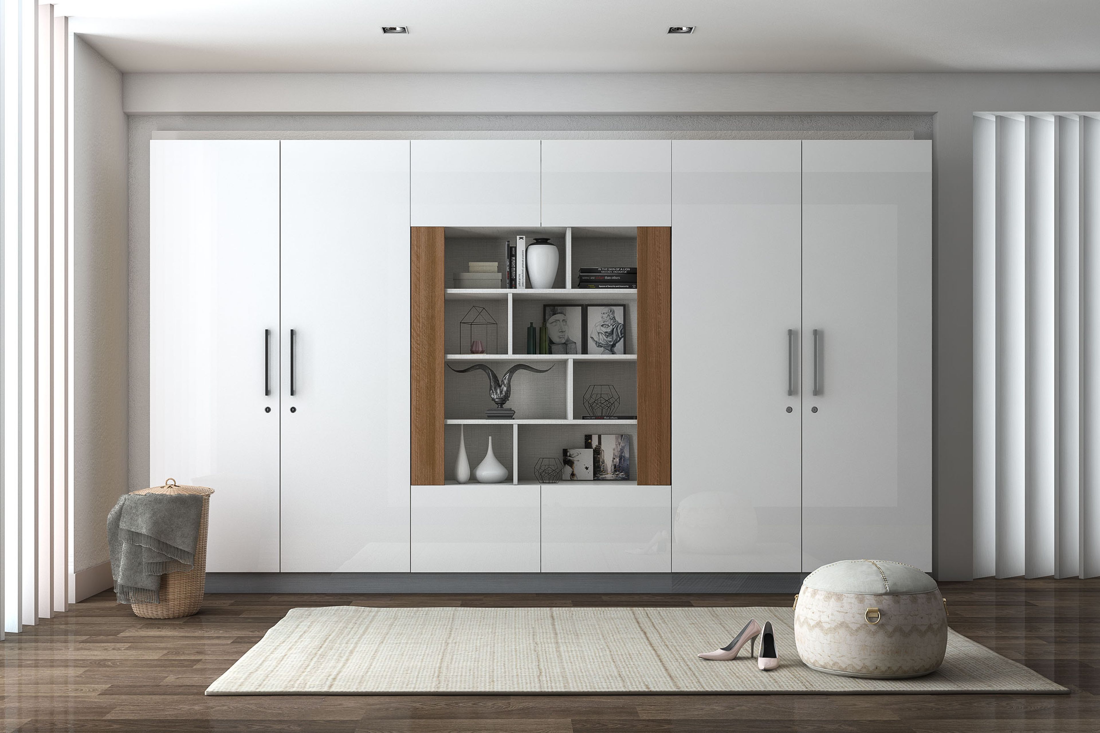 Contemporary Frosty White 4-Door Swing Wardrobe Design With Centre Storage Niche