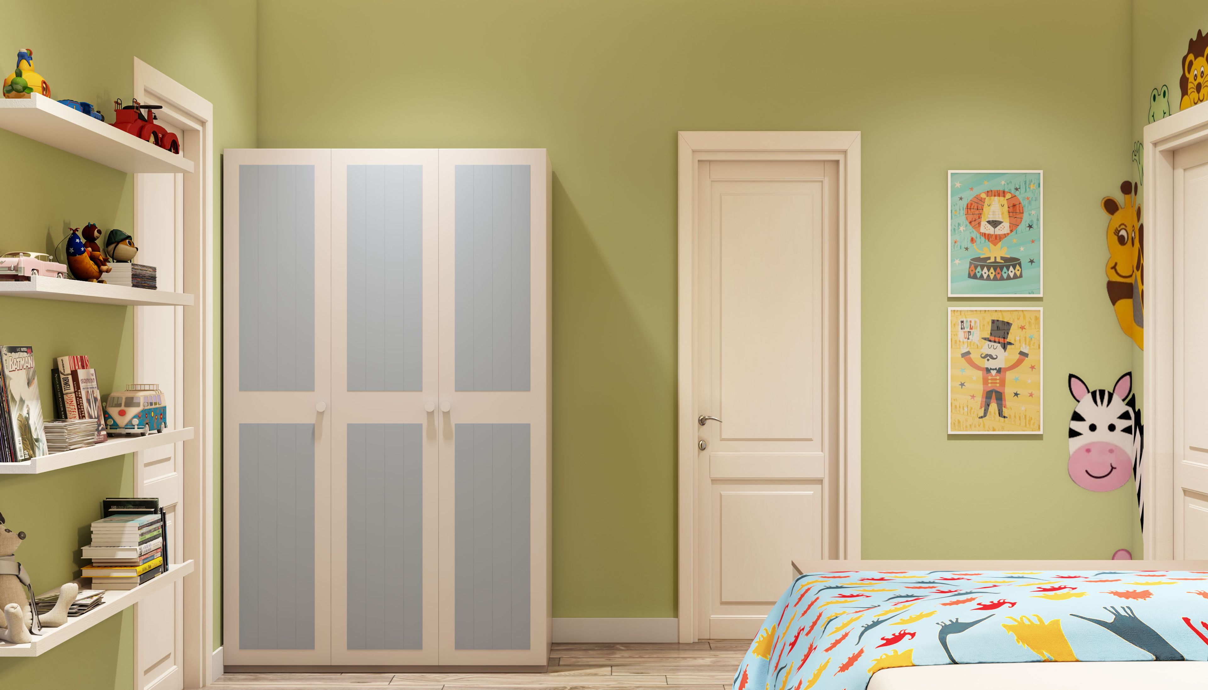 Modern White And Blue 3-Door Swing Wardrobe Design For Kids Bedrooms