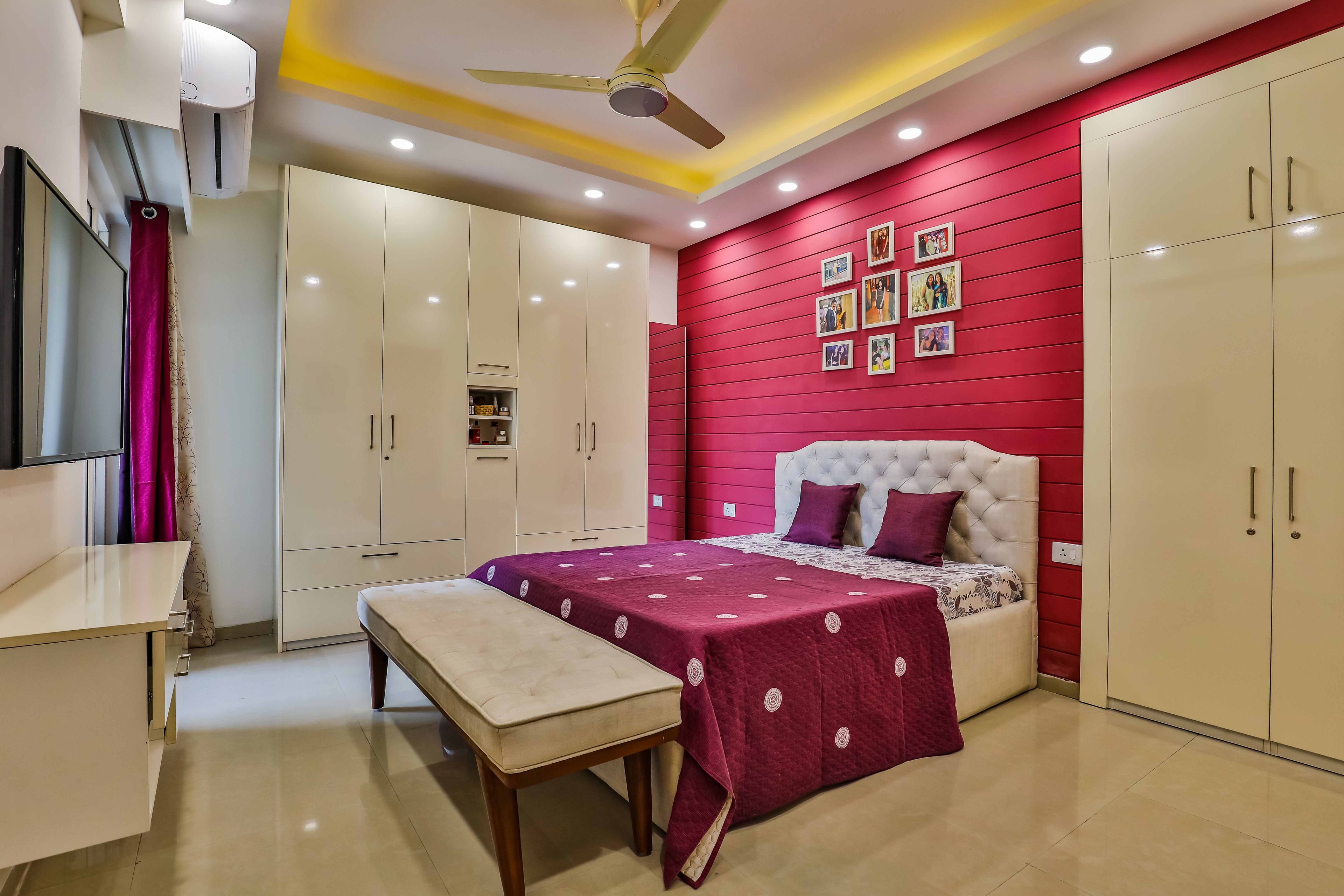 Modern Master Bedroom Design With Dark Pink Wall Panelling
