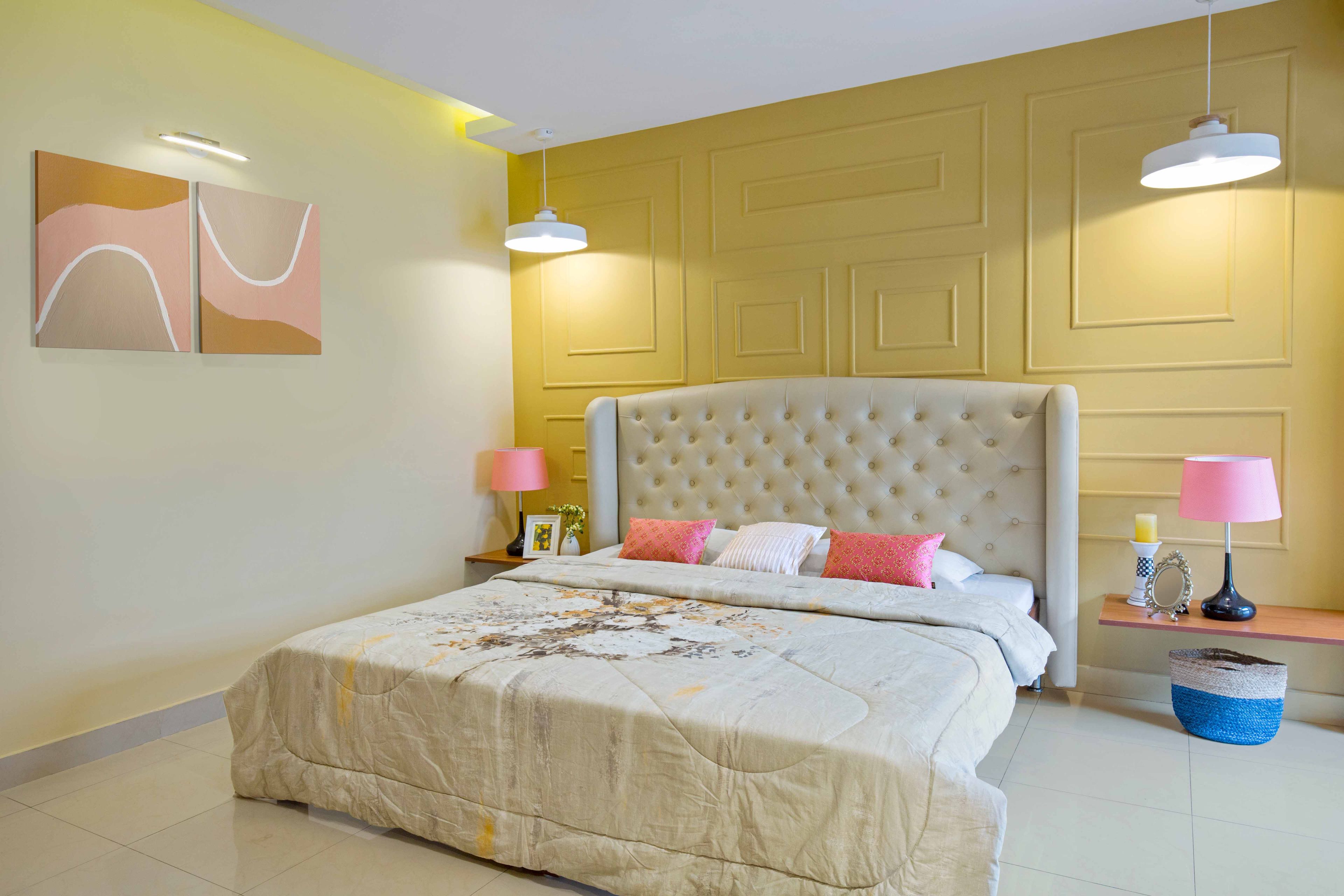 Classic Master Bedroom Design With Vibrant Yellow Accent Wall And Wall Trims