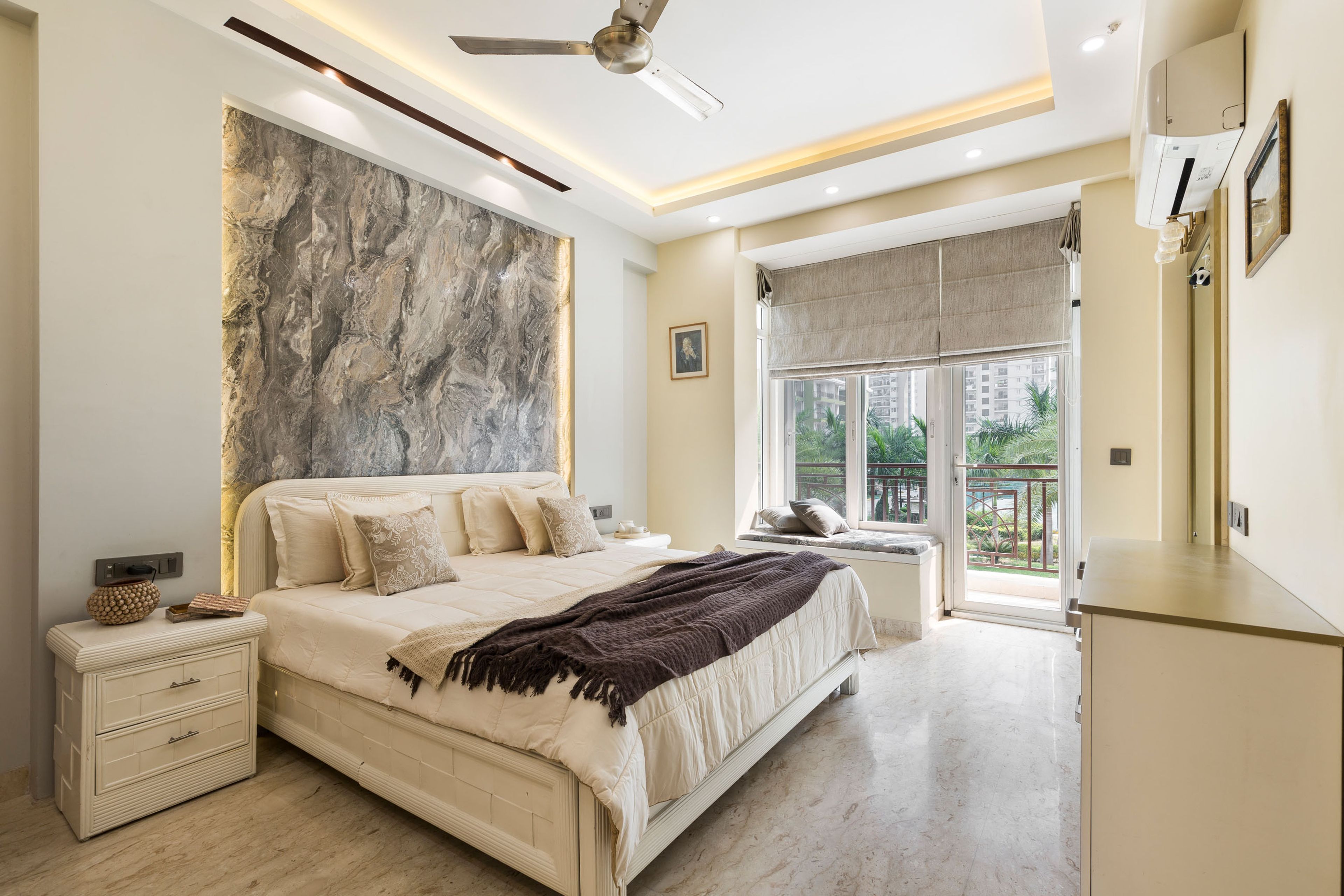 Contemporary Cream-Toned Master Bedroom Design With Grey Wall Panel