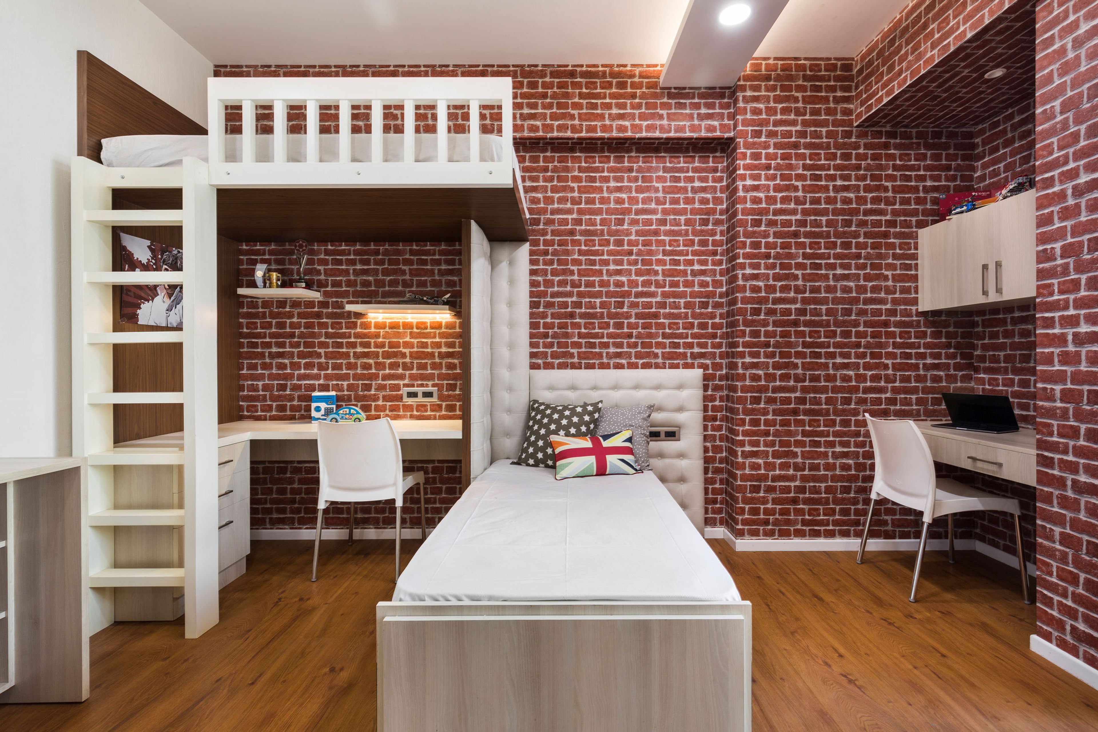 Rustic Red-Brick Space-Saving Kids Bedroom Design With Bunk Bed And Integrated Under-Bed Study Table - Livspace