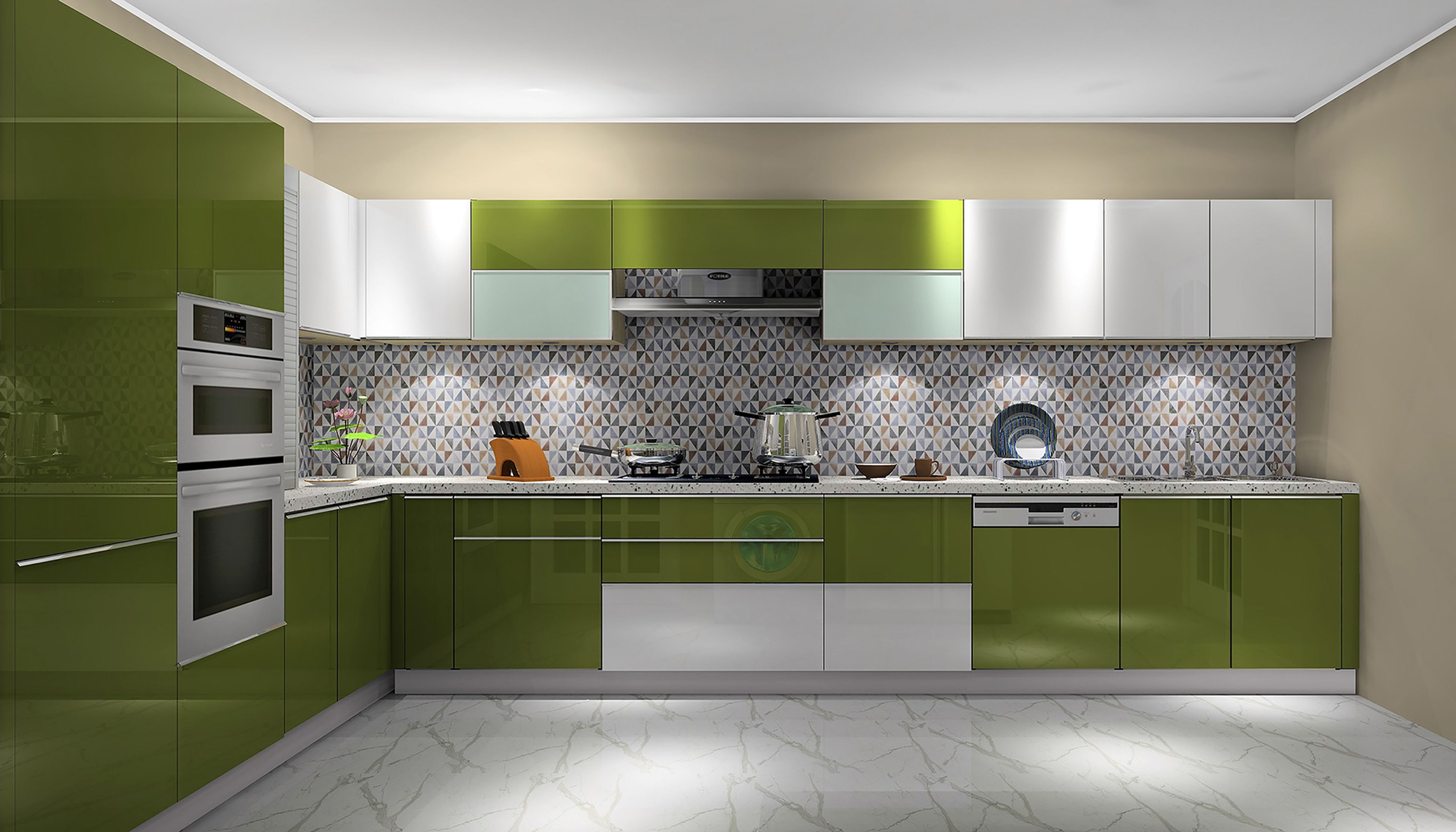 Multicoloured Kitchen Tiles And Design With Green And White Kitchen Cabinets - Livspace