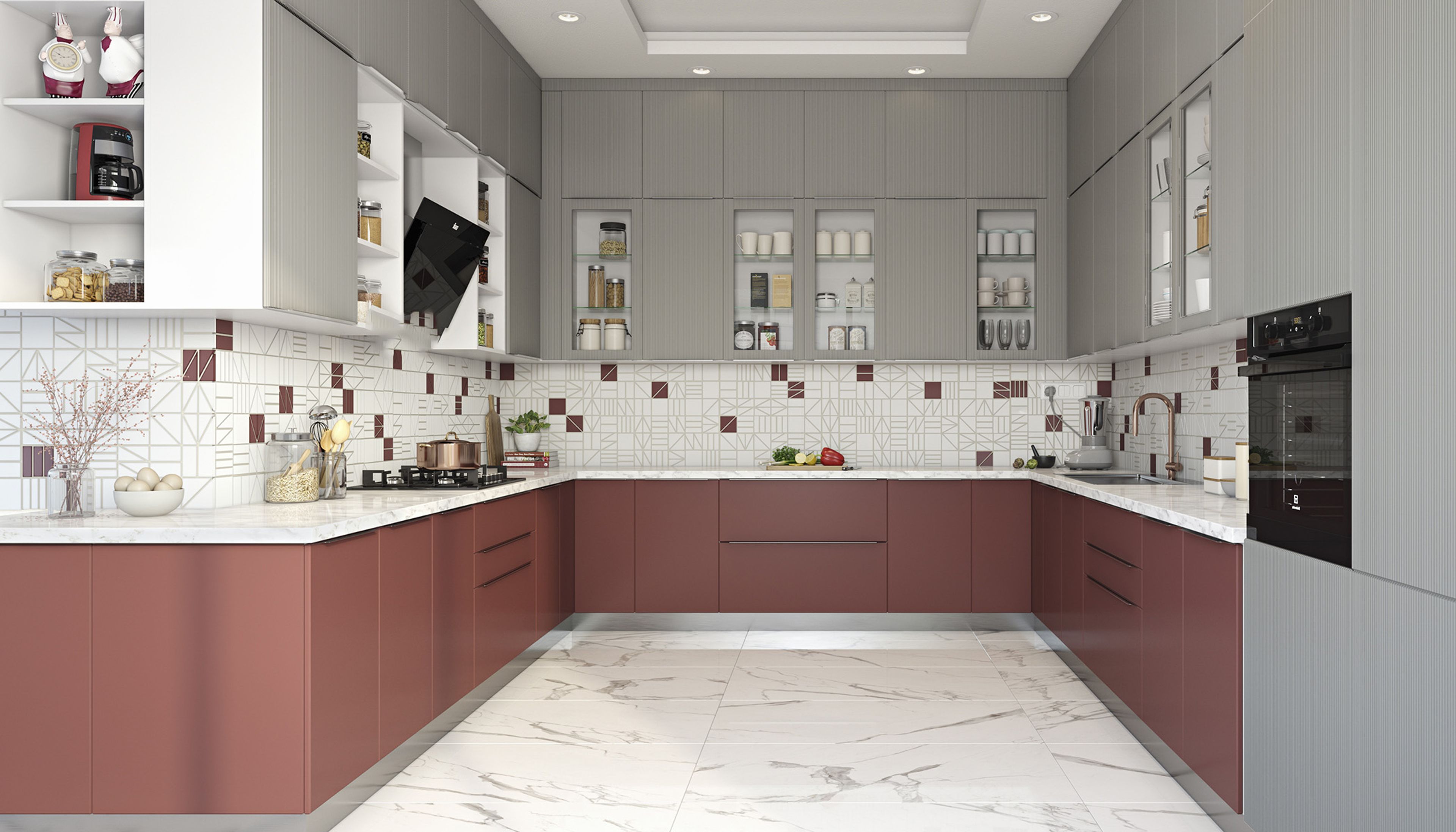 Kitchen Tile Design In Maroon And White With Maroon And Grey Cabinets - Livspace