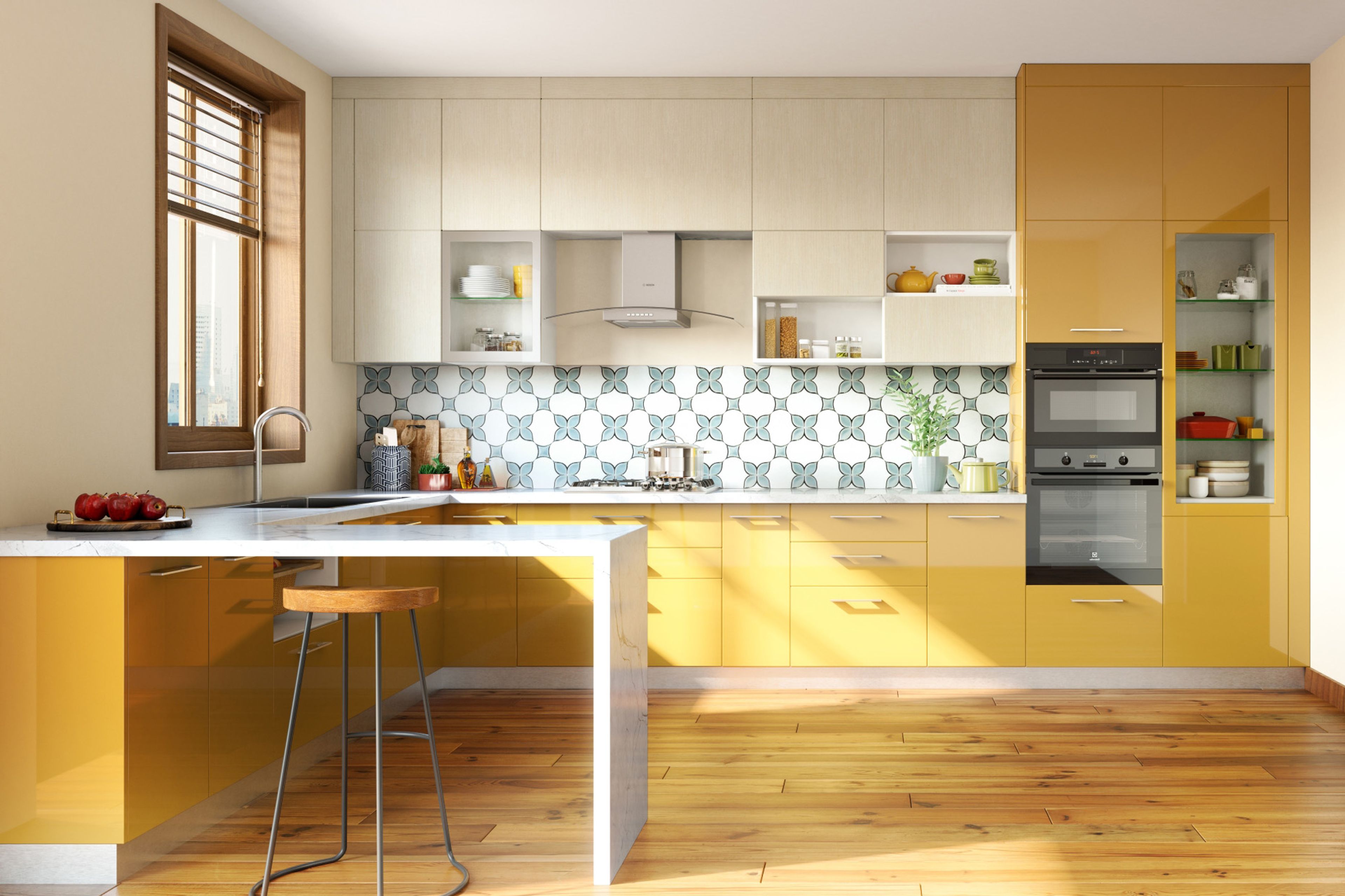 White And Light Blue Modern Arabesque Floral Kitchen Tiles With Yellow Cabinets - Livspace