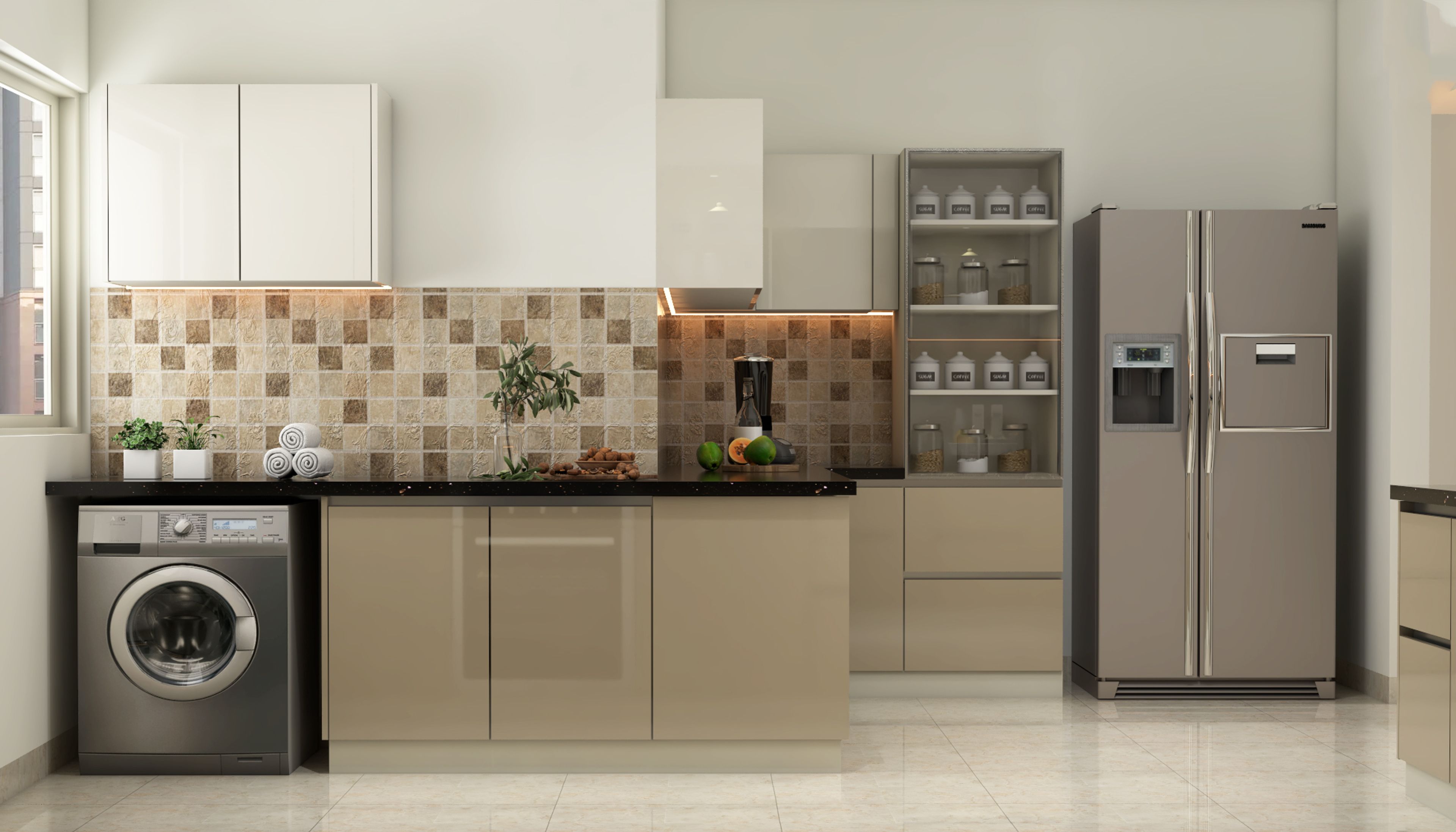 Brown Kitchen Tiles Design With Light Brown And White Glossy Kitchn Cabinets - Livspace