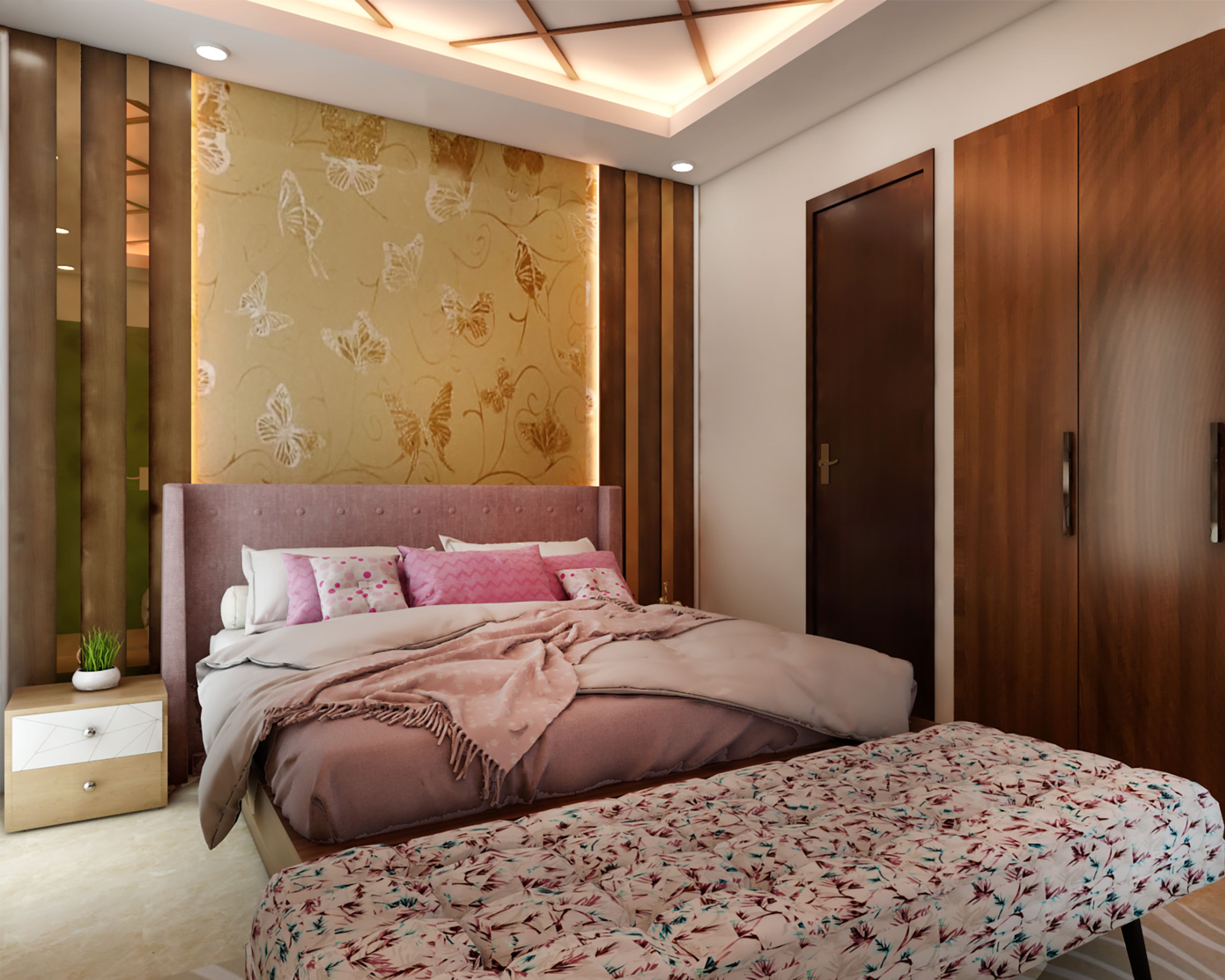 Beige And Gold Vintage Bedroom Wall Design With Butterfly Motifs