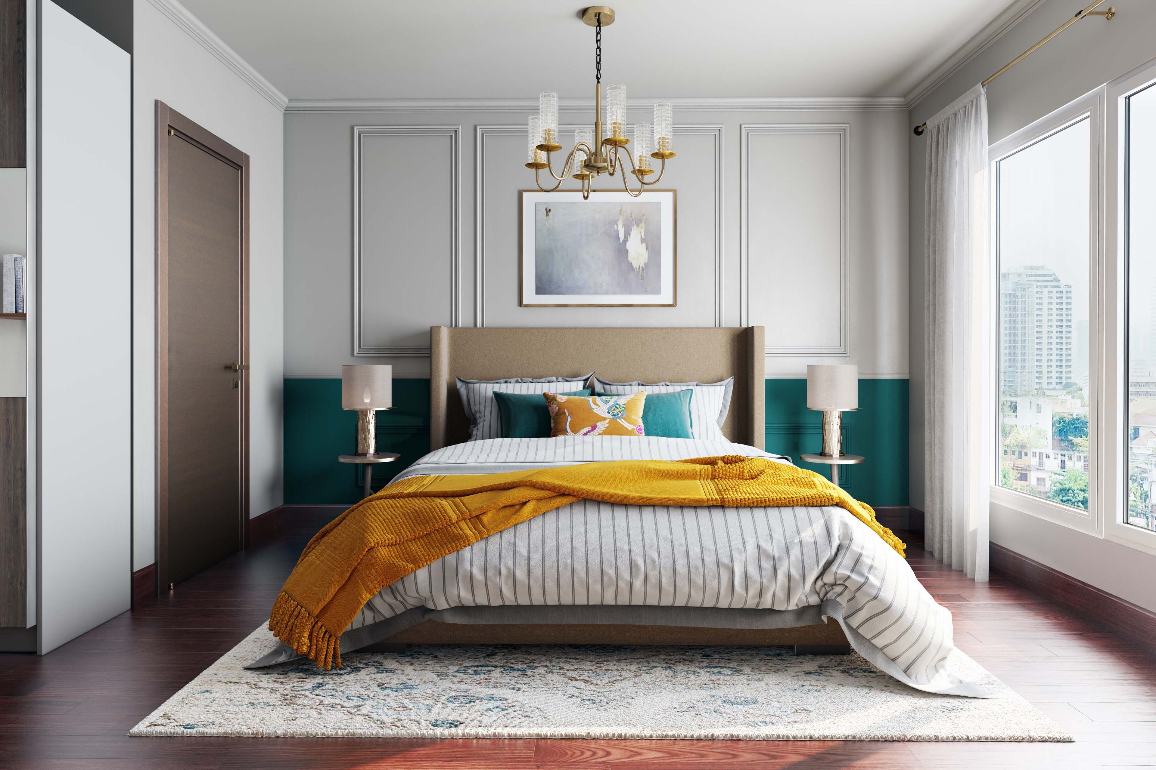 Bedroom Wall Design With White And Teal Blue Wall Paint And Trims - Livspace