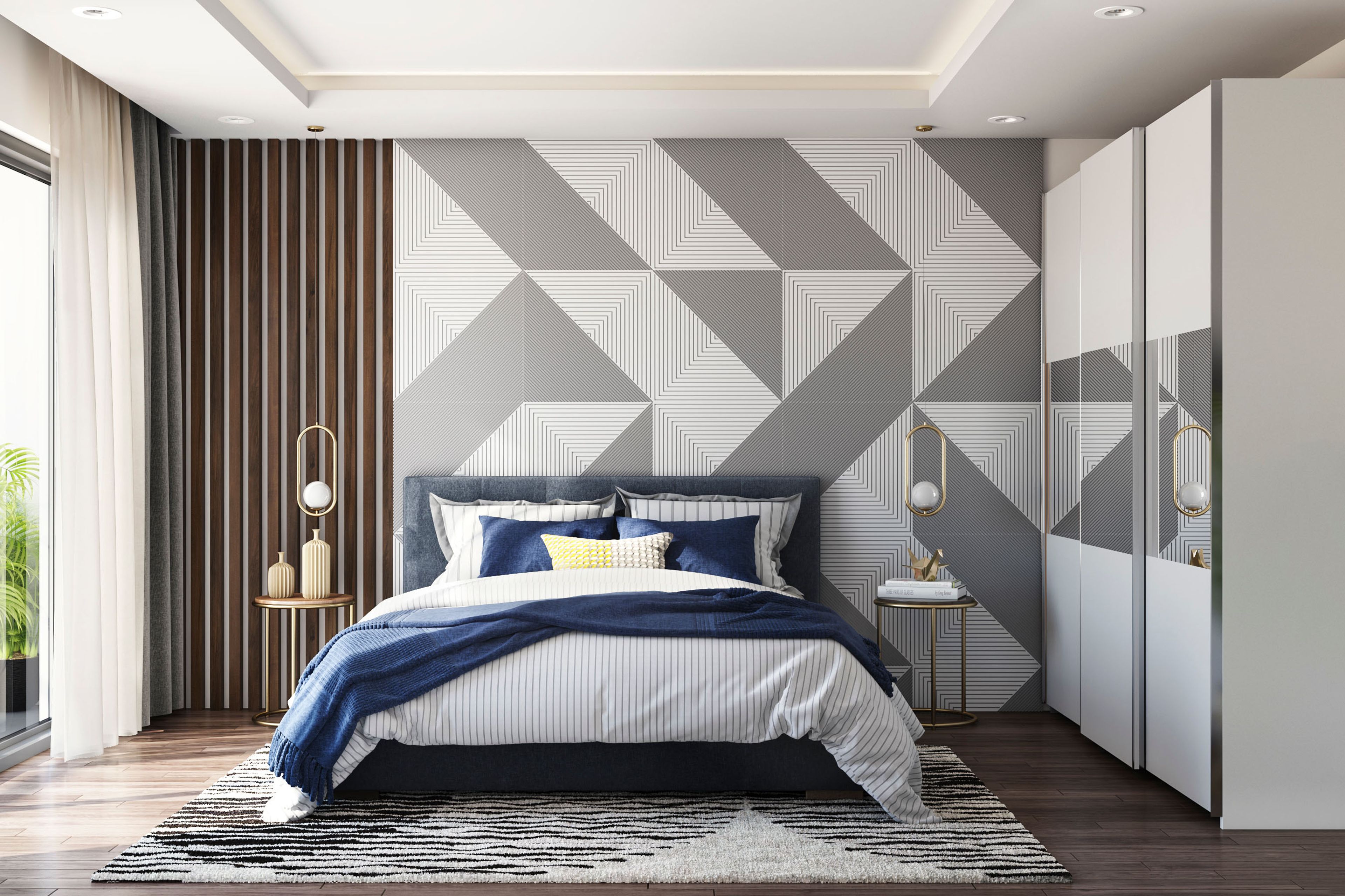 Contemporary Wall Design With Geometric Grey-White And Wooden Wall Panelling - Livspace