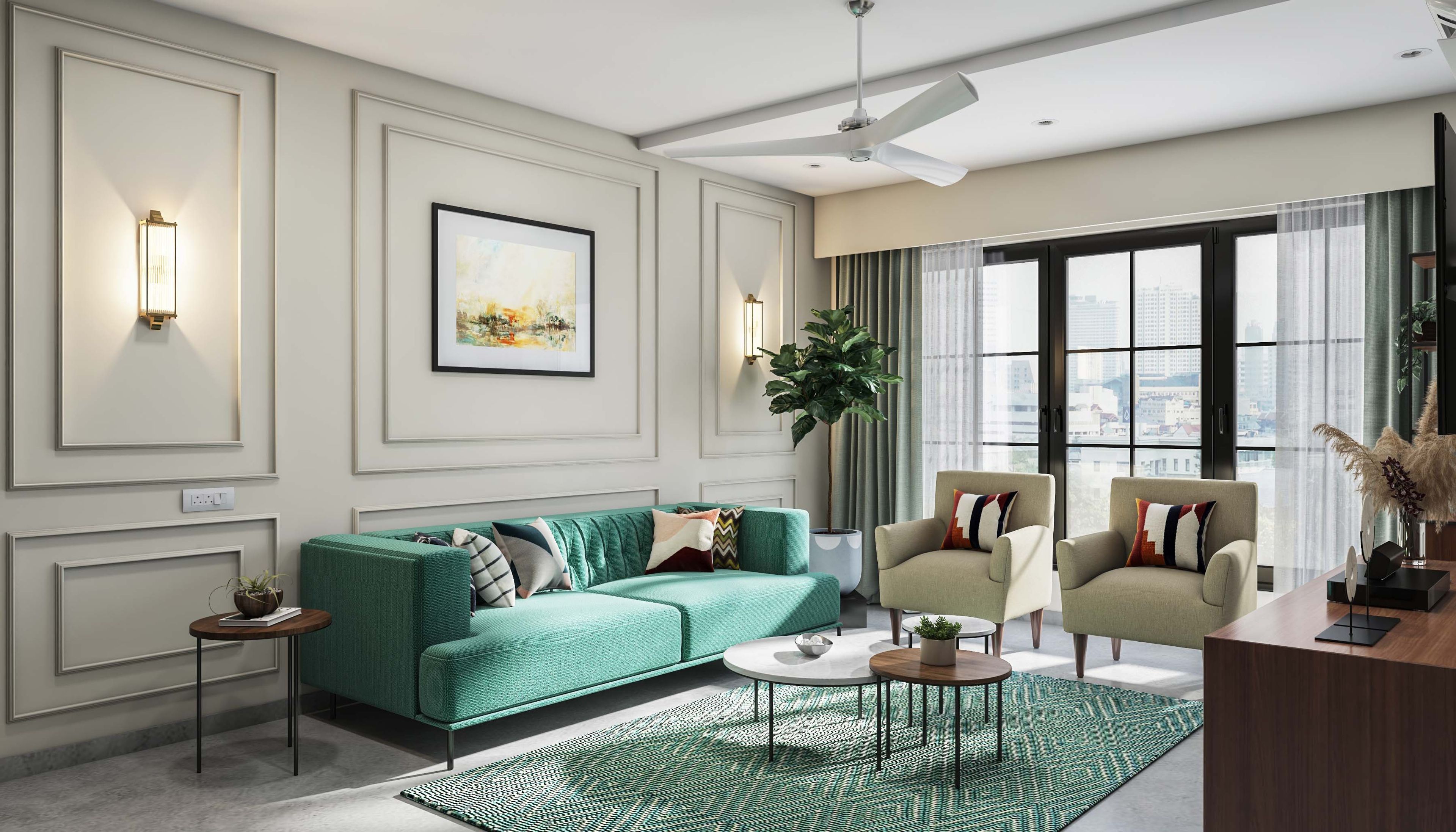 Contemporary Cream-Toned Living Room Wall Paint Design With Trims