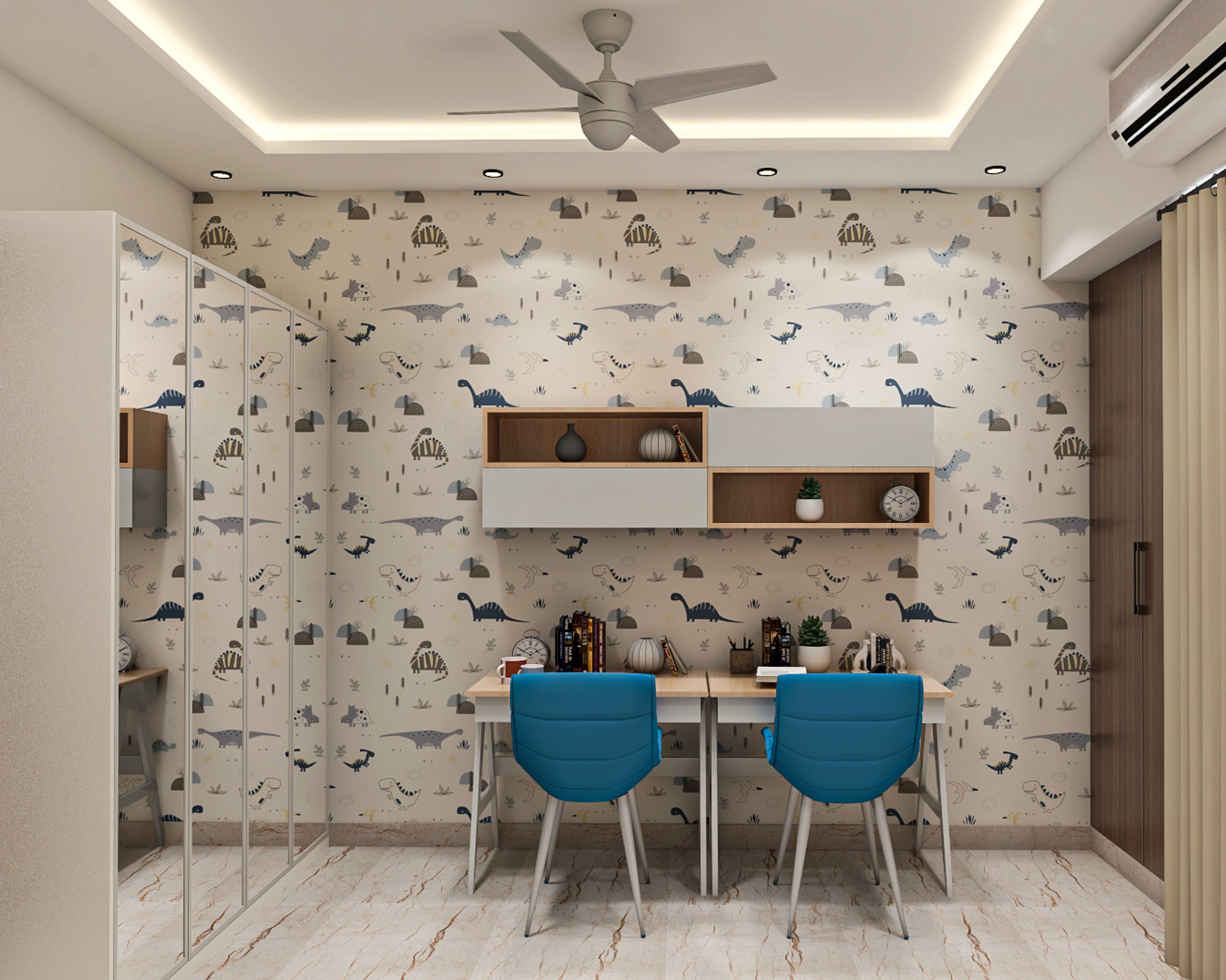 Contemporary Beige Dinosaur-Themed Wallpaper for Kids' Bedrooms - Livspace