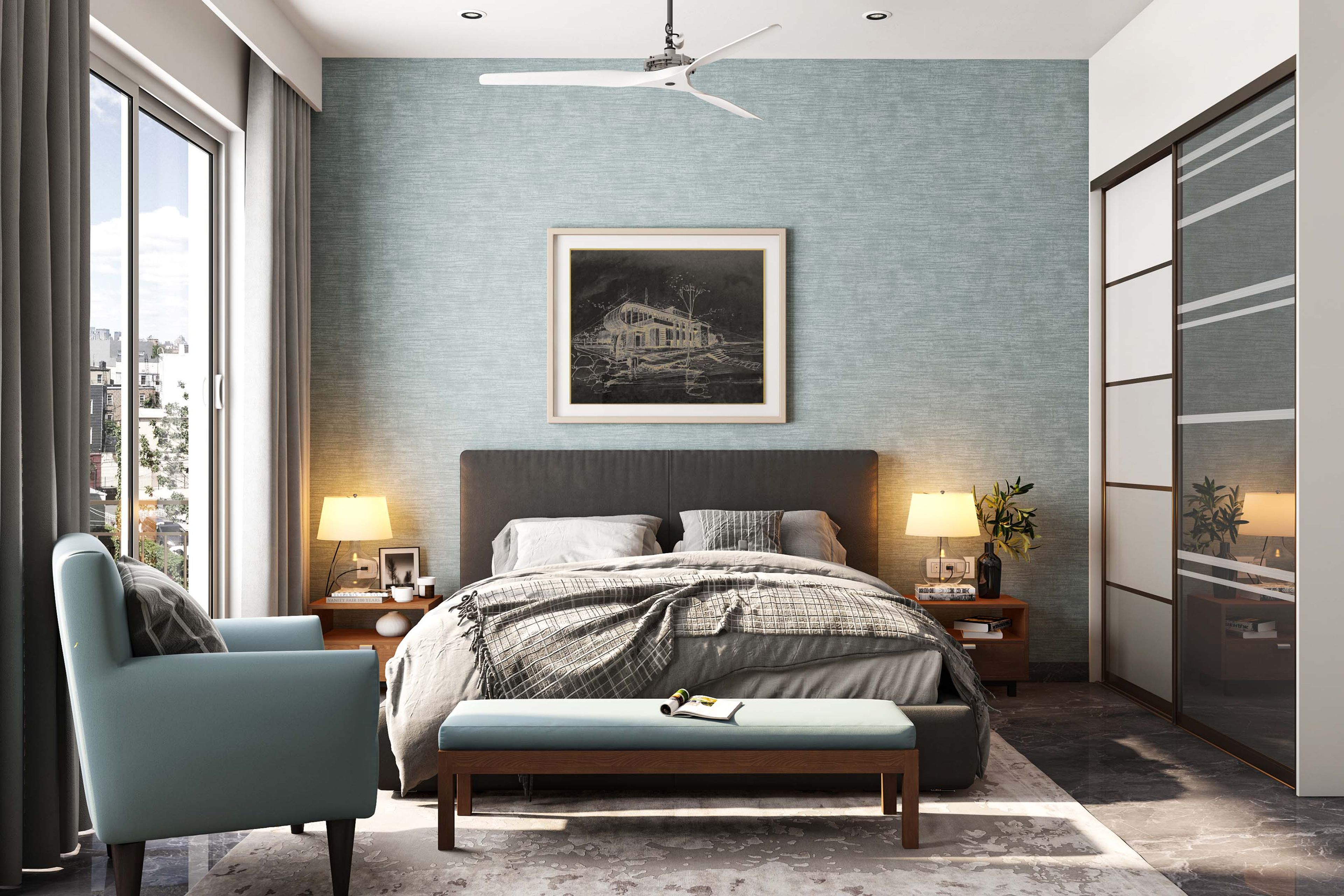 Contemporary Bedroom Walpaper Design With Light Blue Textured Finish - Livspacee