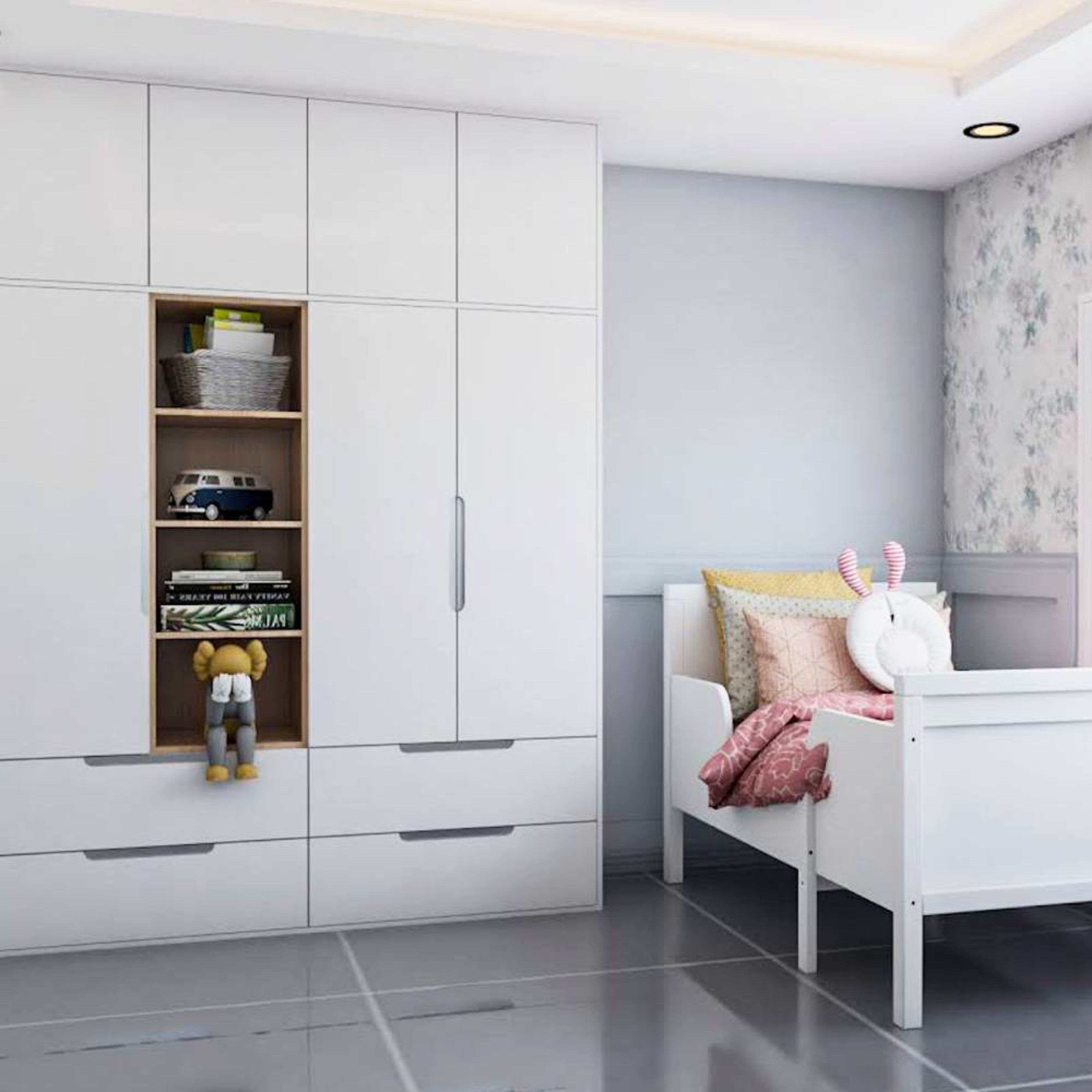 Contemporary Frosty White 3-Door Swing Wardrobe Design With Wooden Open Storage