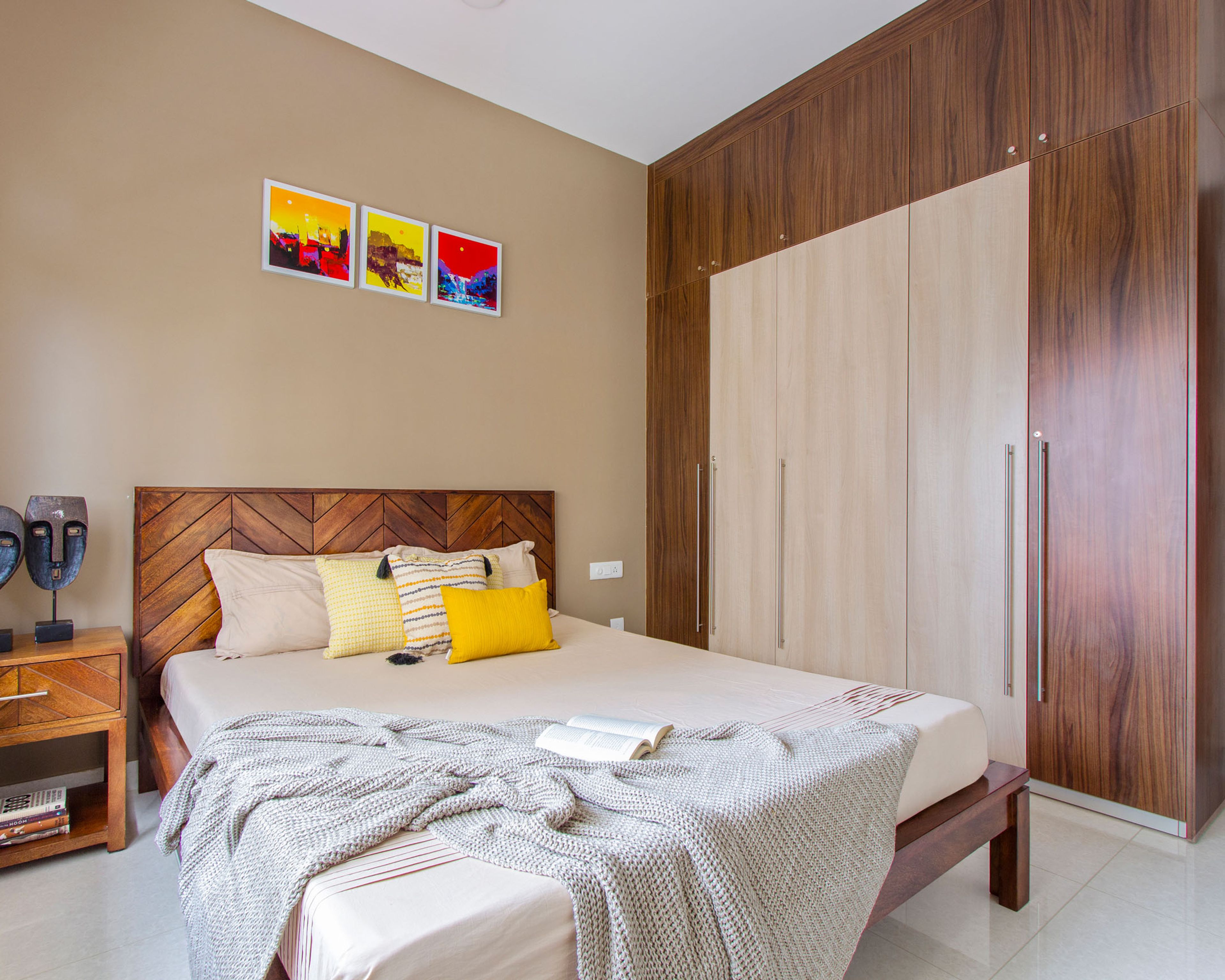 Modern 5-Door Light And Dark Wood Swing Wardrobe Design With Loft Storage