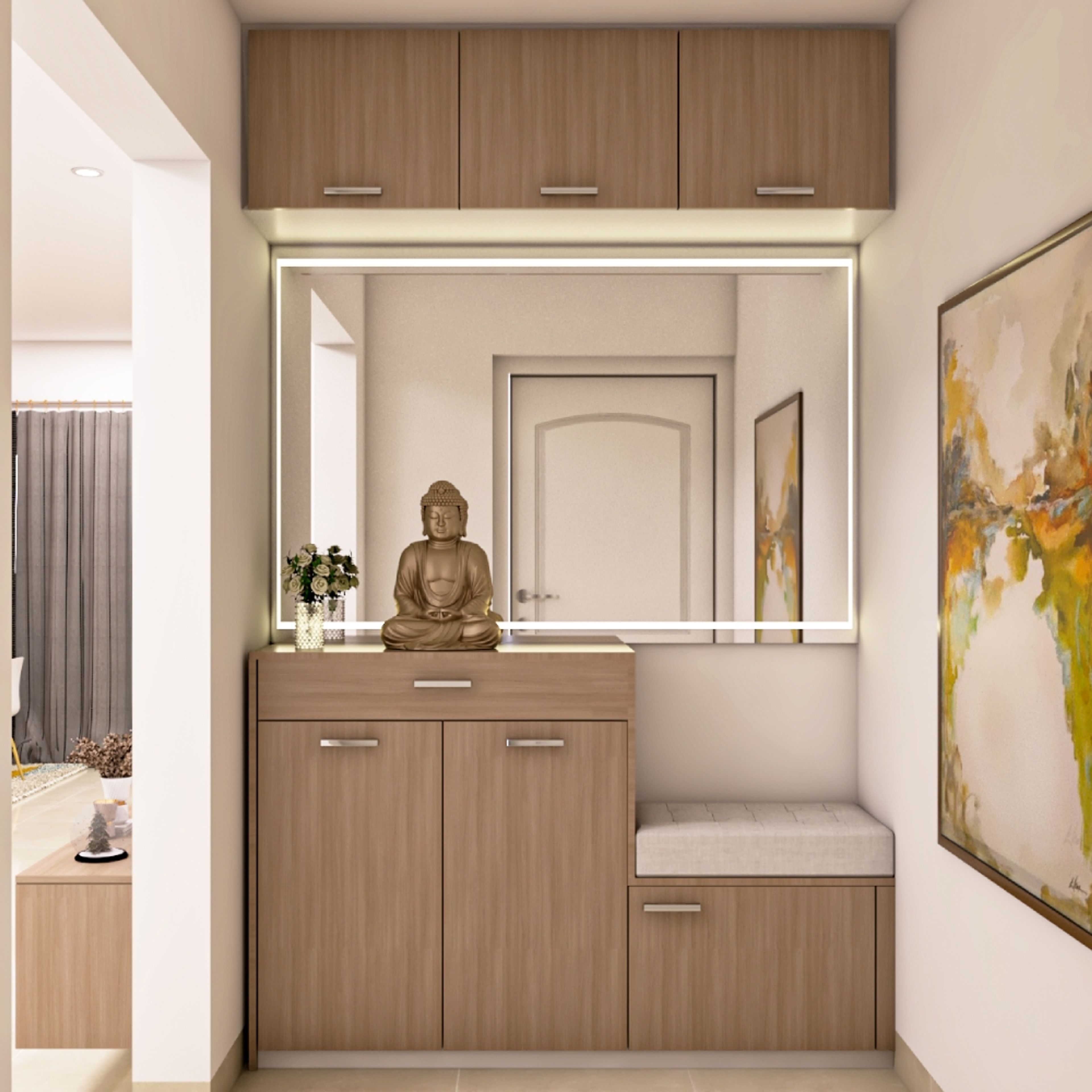 A spacious foyer design with stepped wooden storage and seating, including overhead loft storage and a large mirror for efficient elegance - Livspace