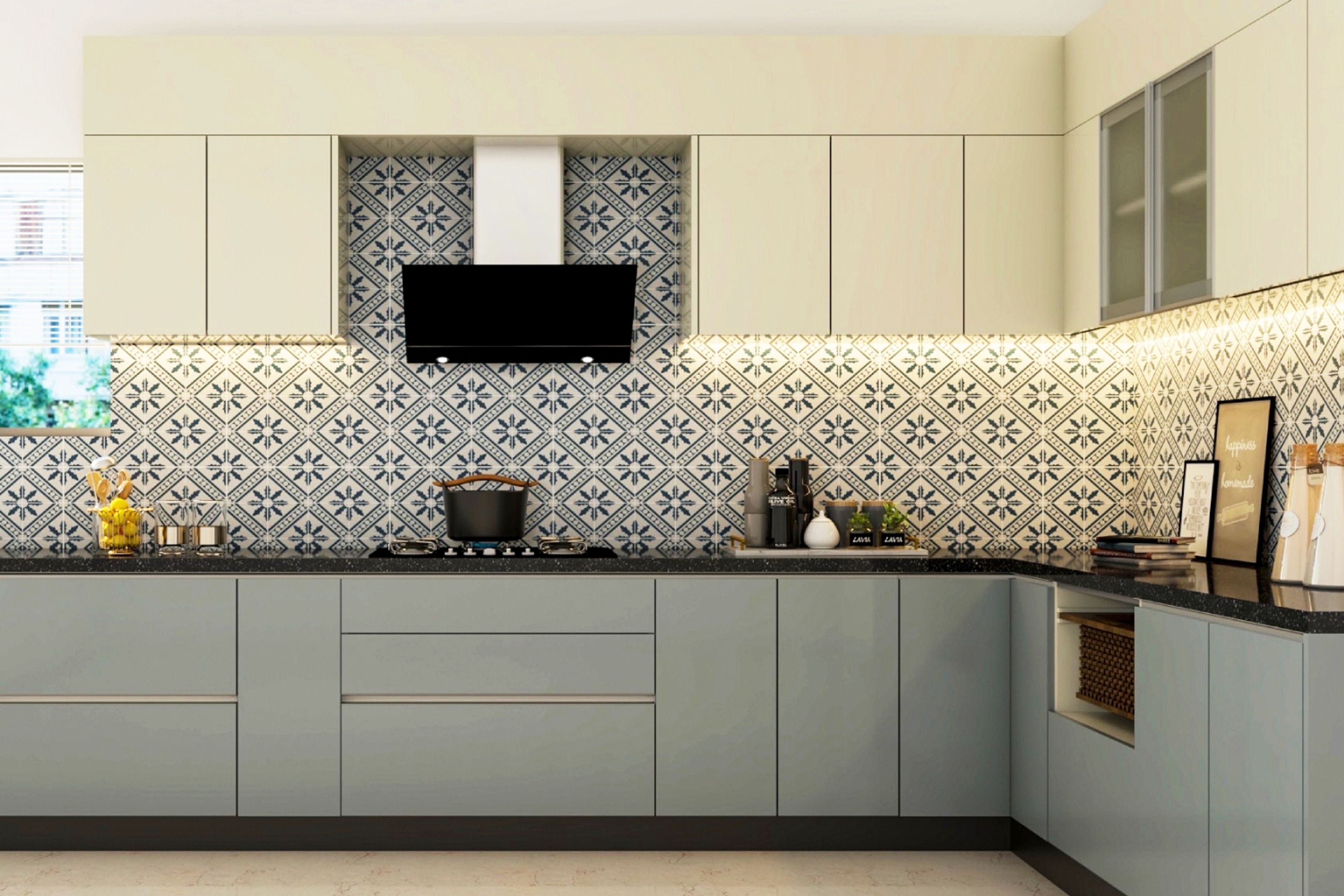 Mid-Century Modern Ceramic Black And White Kitchen Tile Design With 8-Pointed Star Motif