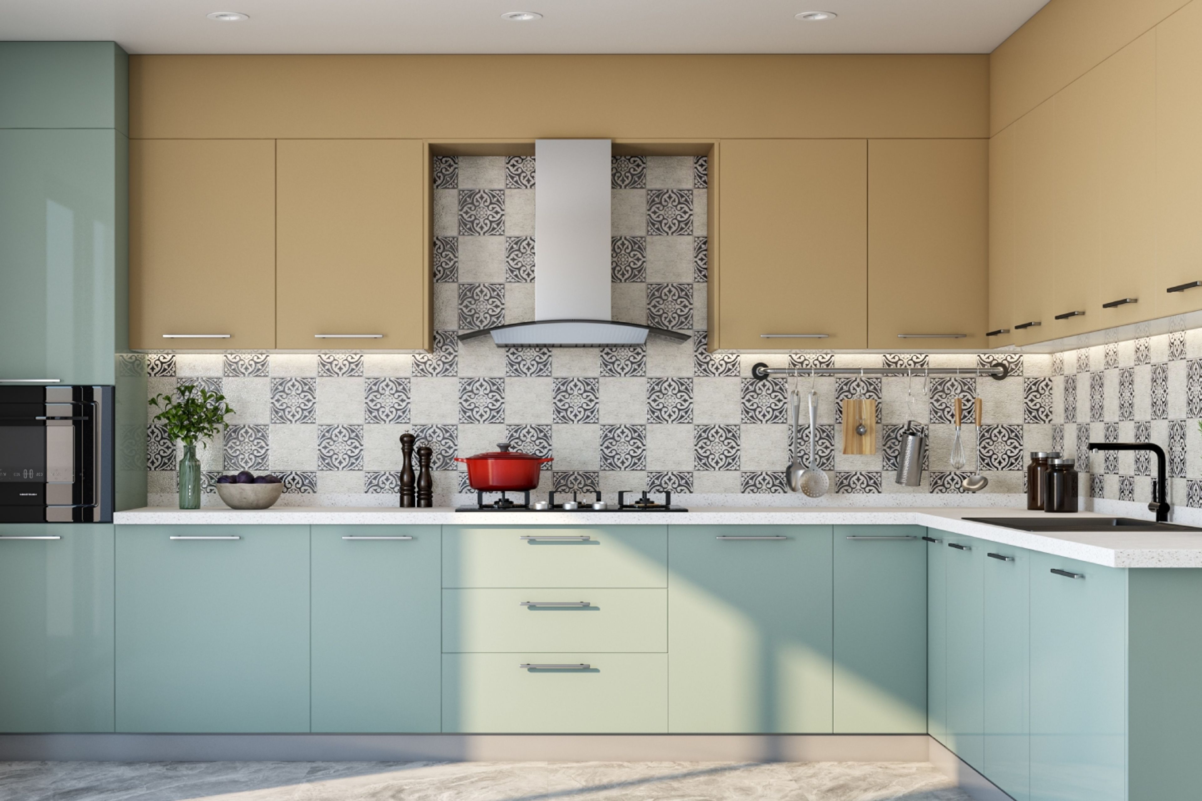 Ceramic Matte Modern Black-White Kitchen Dado Tiles With Brown And Sea-Green Cabinets