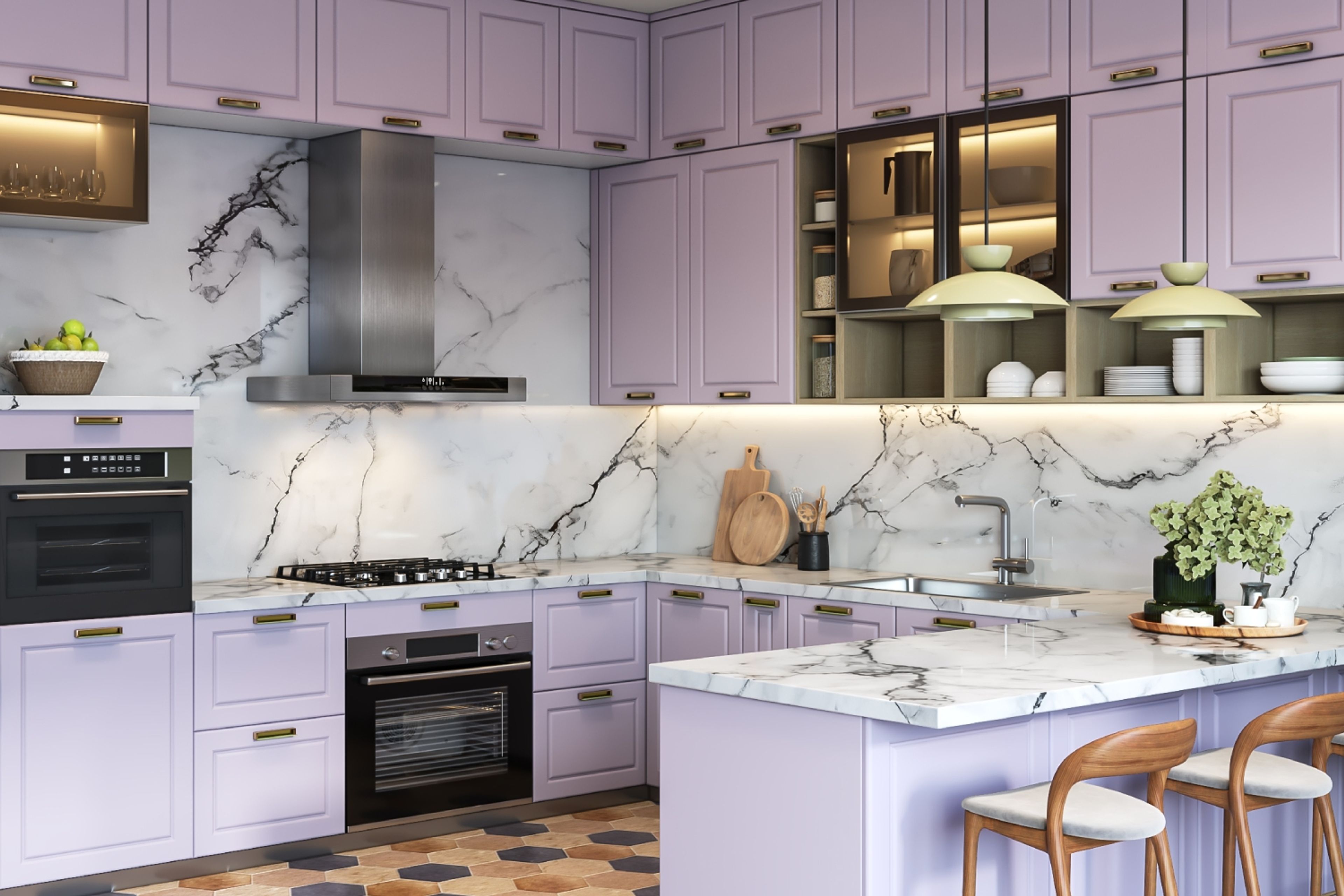 Mid-Century Modern Marble White And Black Kitchen Tile Design