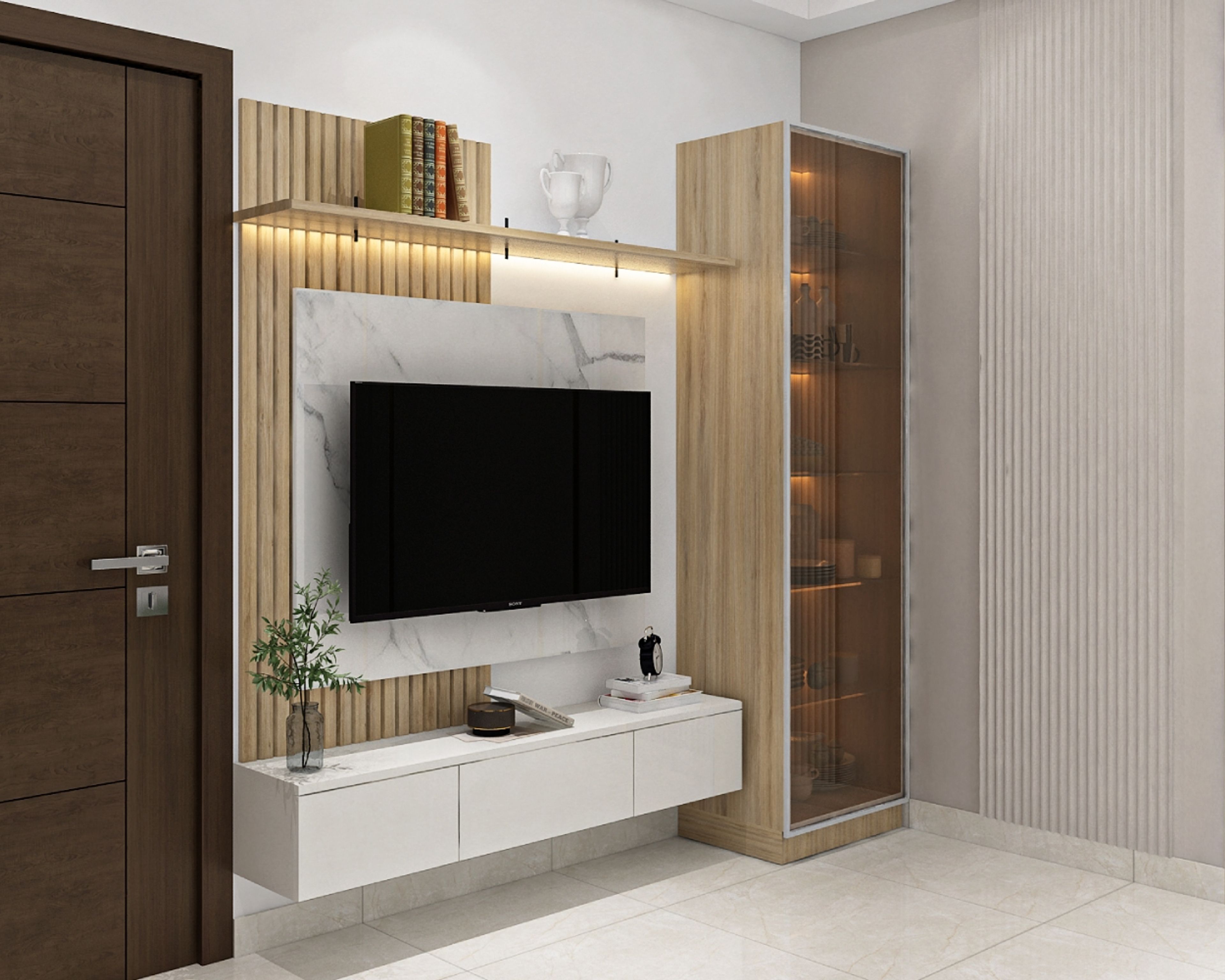 Modern TV Unit in Frosty White and Hooked Acacia - Livspace