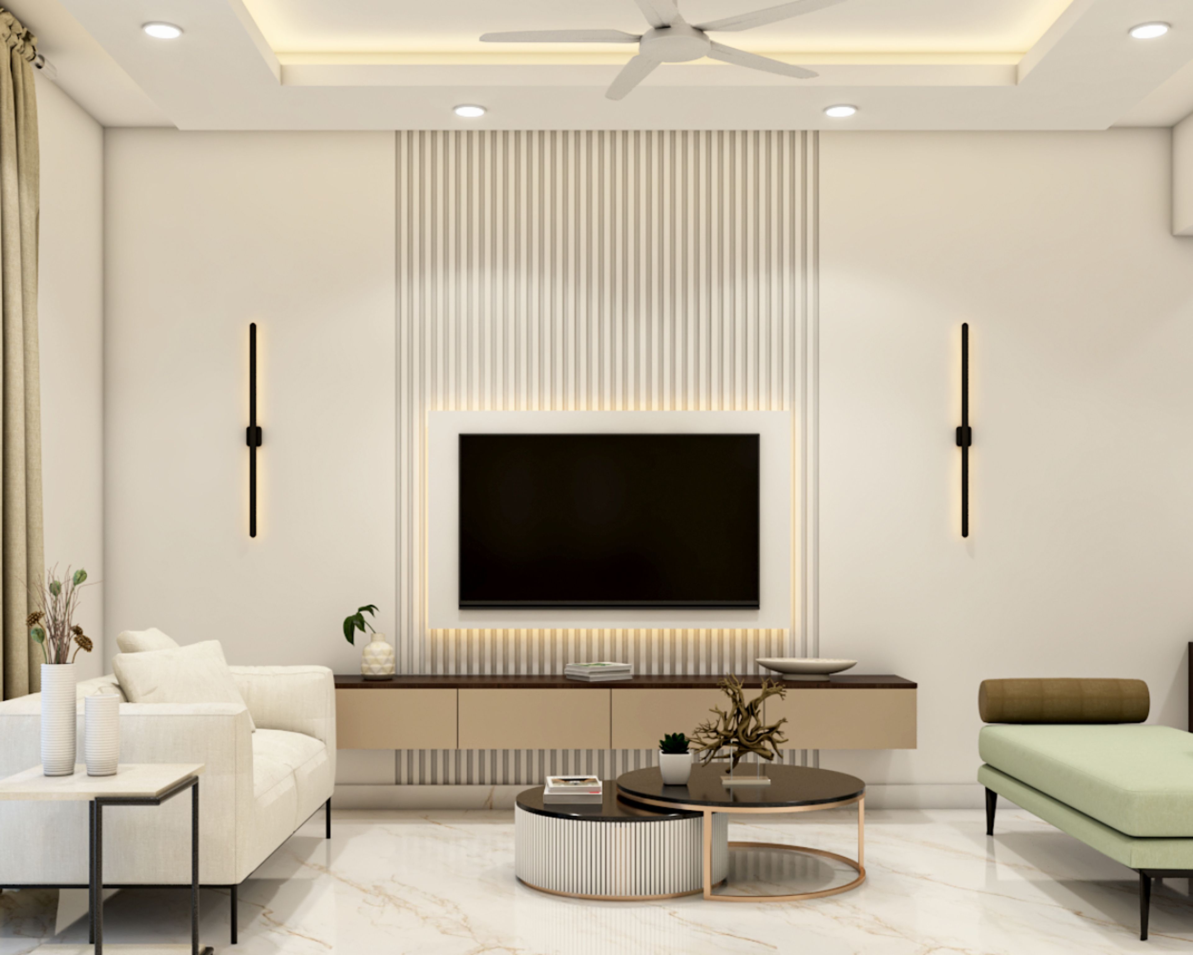 Modern Irish Cream and Canadian Walnut 4-Drawer TV Unit with Backlit Panel - Livspace