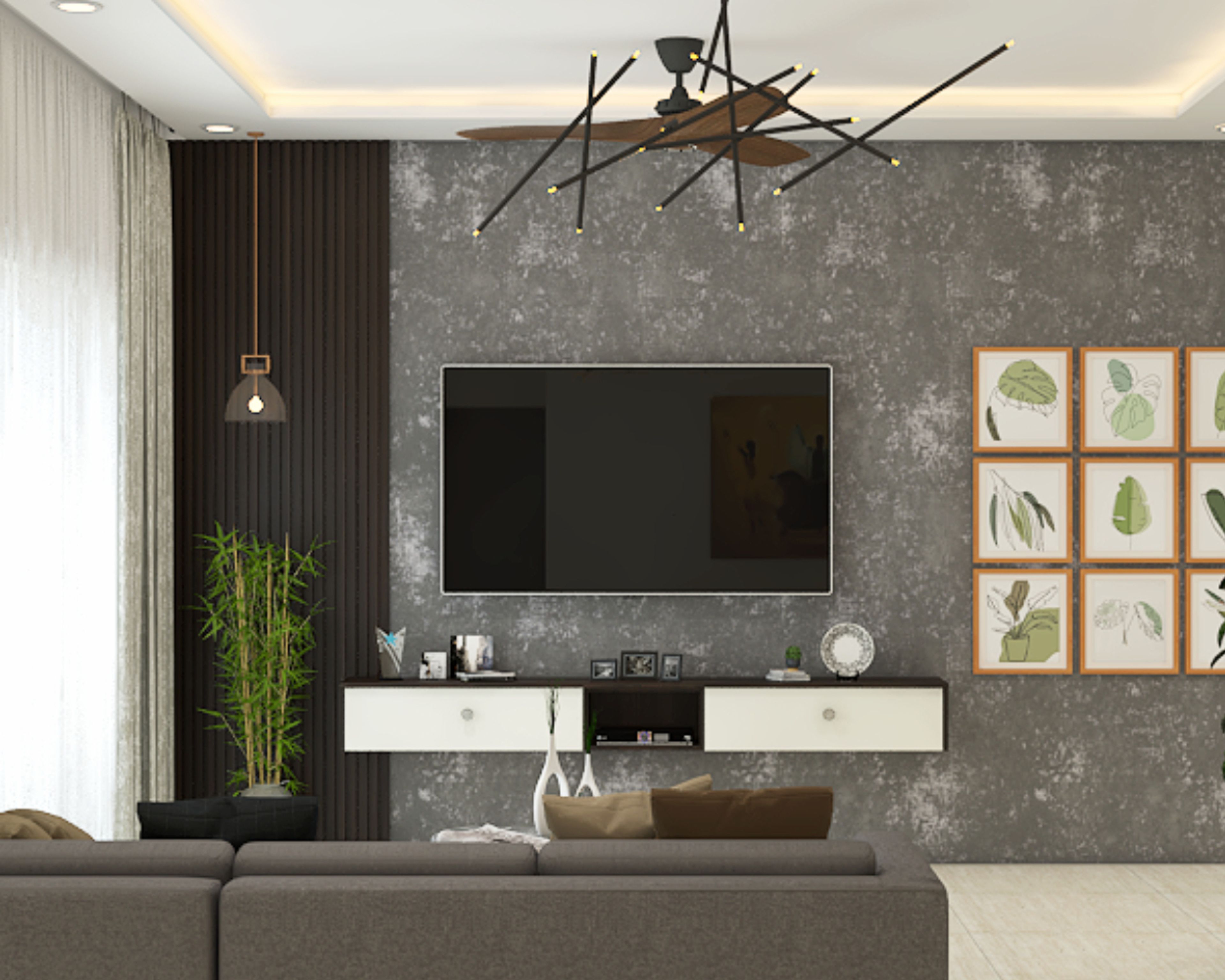 Modern TV Unit Design With Grey Textured Wall - Livspace