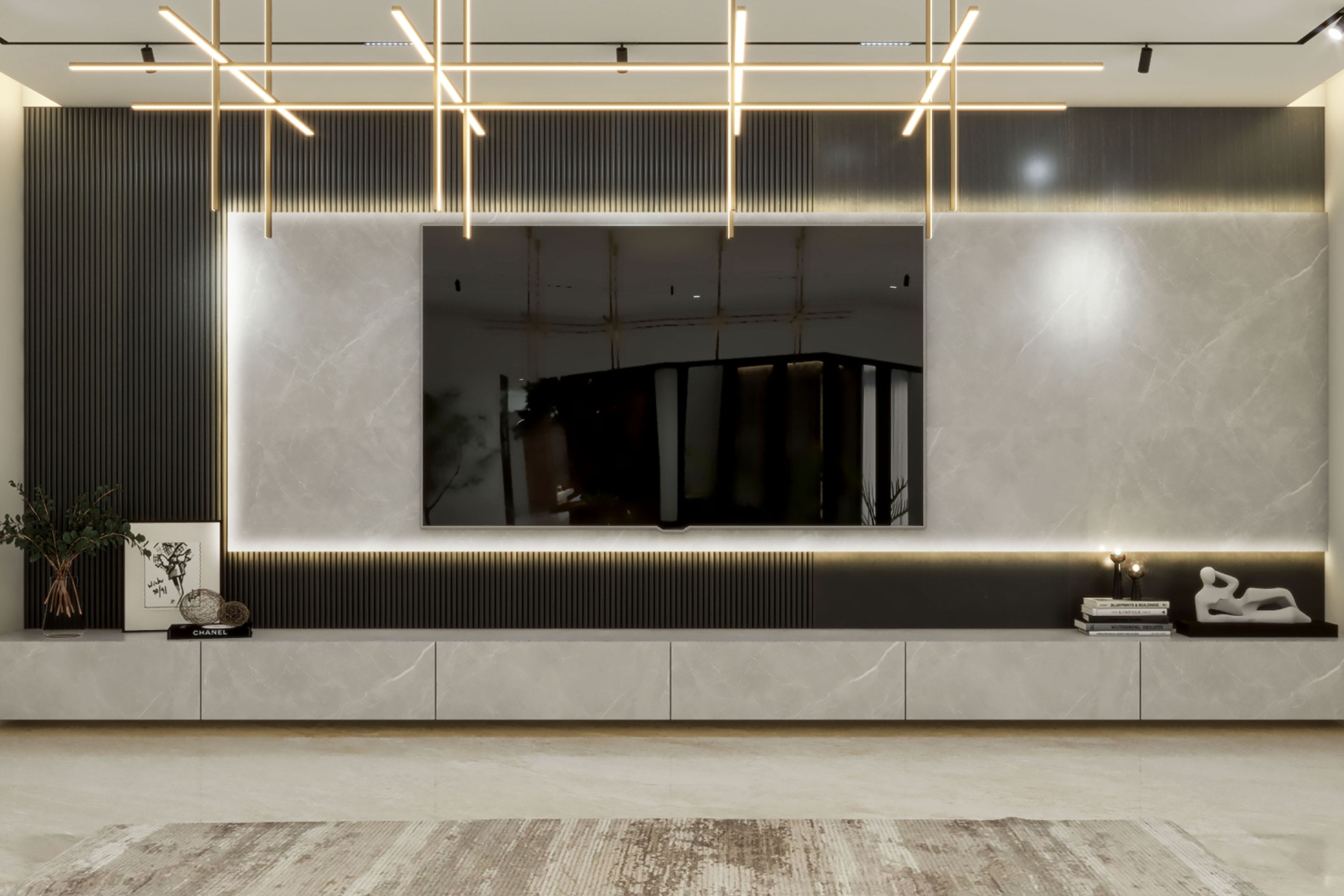 Grey Wall Contemporary TV Unit Design with Wall Mounted Drawer