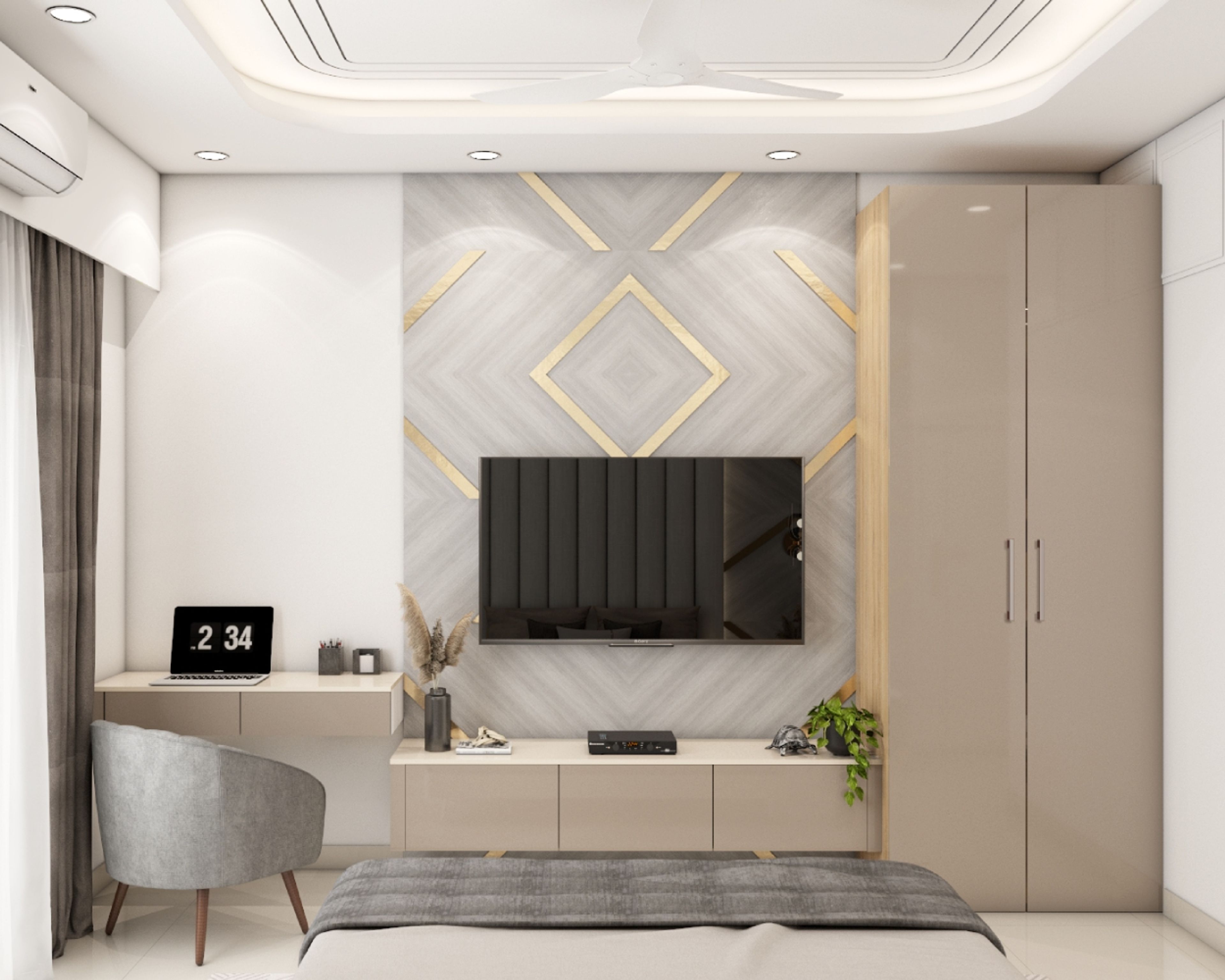 Irish Cream Glossy TV Unit Design With 2-Door Swing Wardrobe Design And Integrated Study Table - Livspace