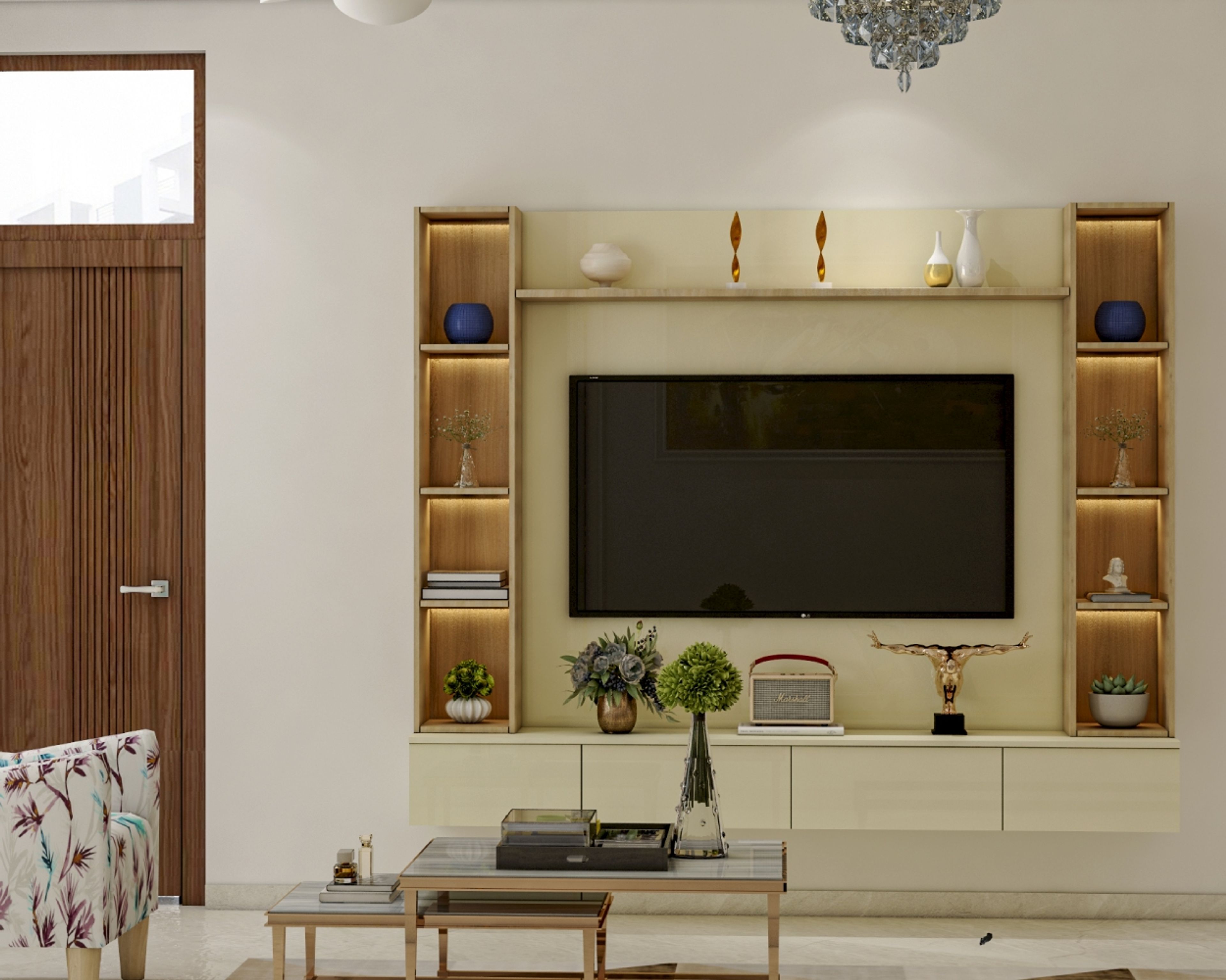Wall-Mounted Pearl White And Wood TV Unit Design With Glossy Laminates And Open Shelves | Livspace