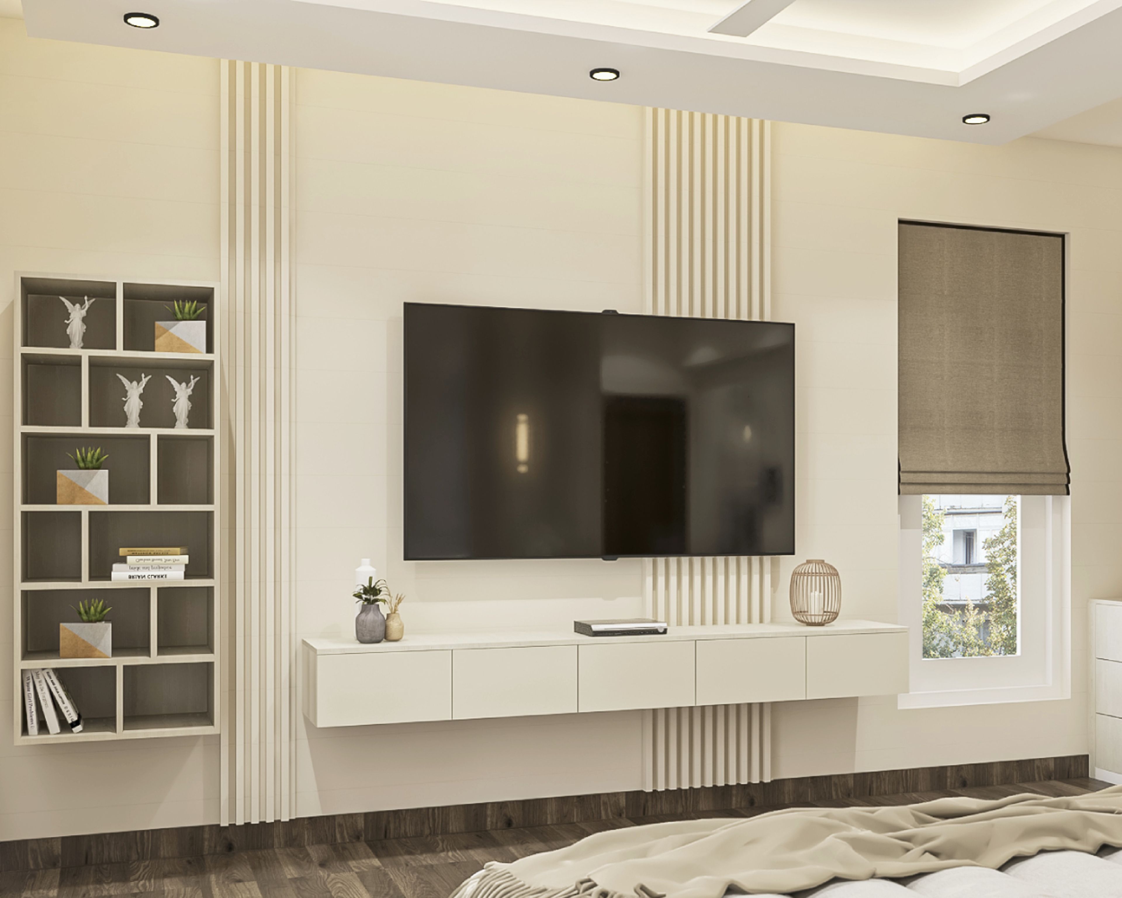 Glossy Champagne-Toned TV Unit Design With Wall-Mounted Console, Built-In Wall Shelf Storage And White Wall Panelling - Livspace