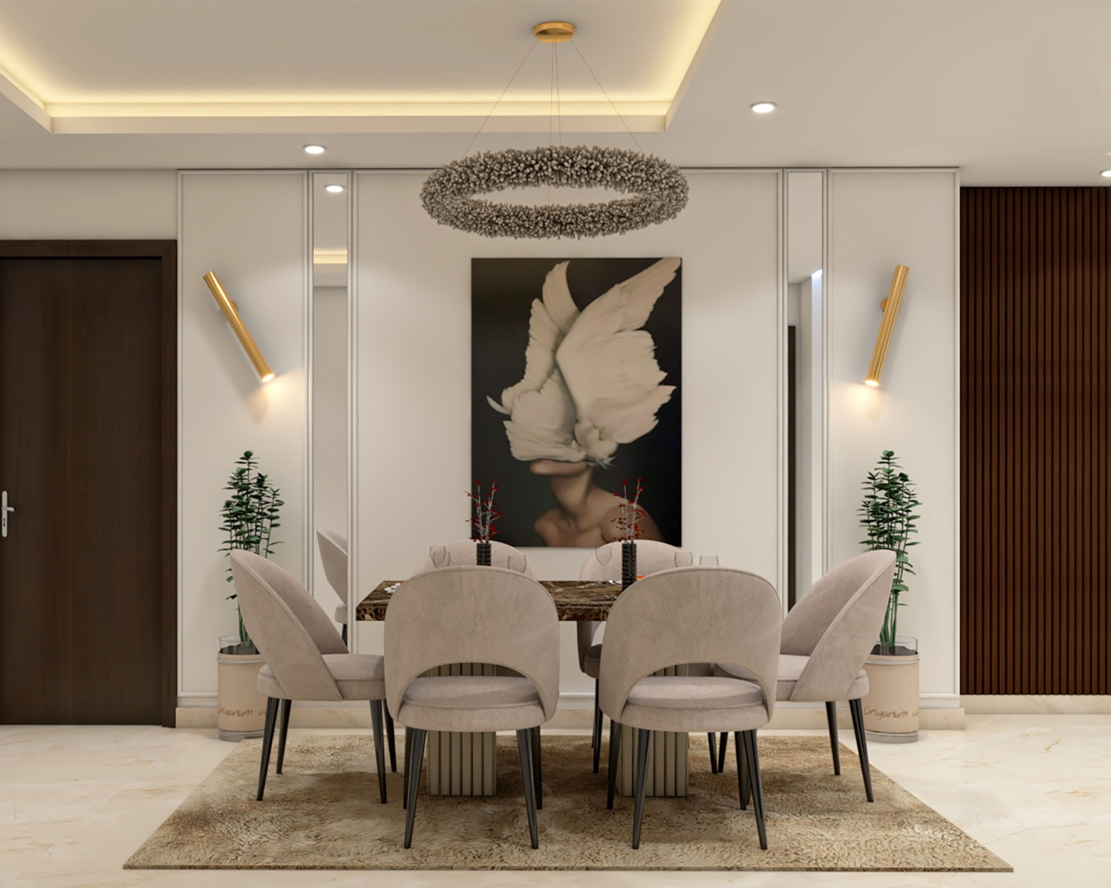 Contemporary Dining Room Wall Design With Wall Trims And Art Work