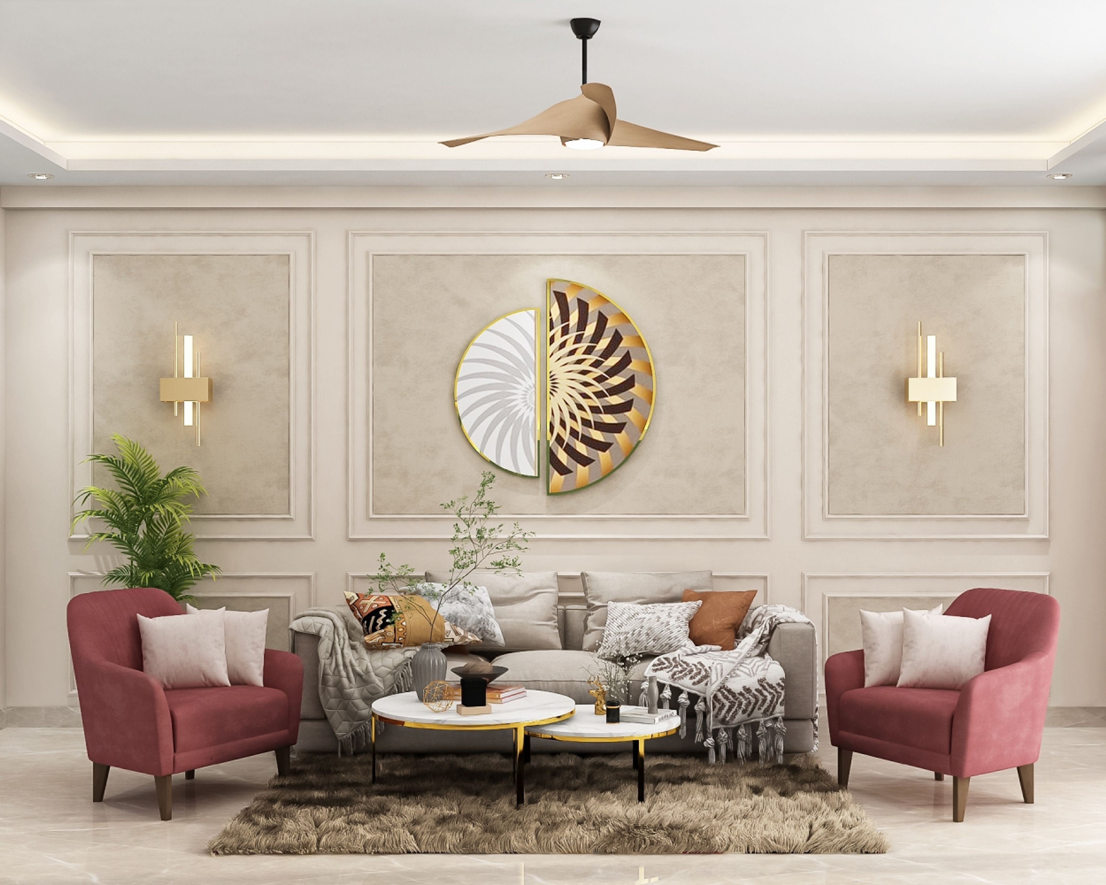Contemporary Living Room Wall Design With Beige Textured Wall Panels And Gold Decor