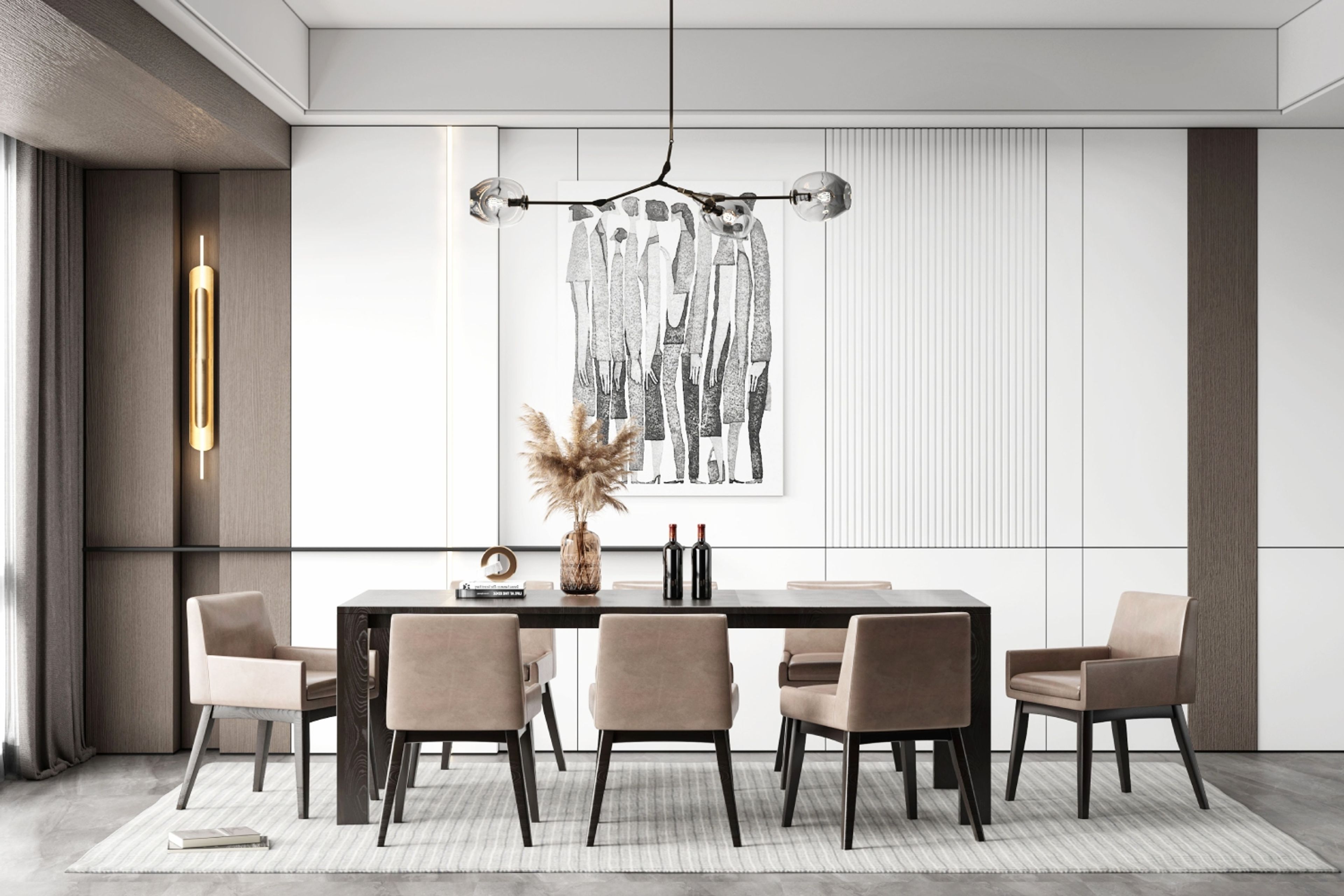 Contemporary White And Brown Dining Room Wall Design With Elephant-Inspired Art Work