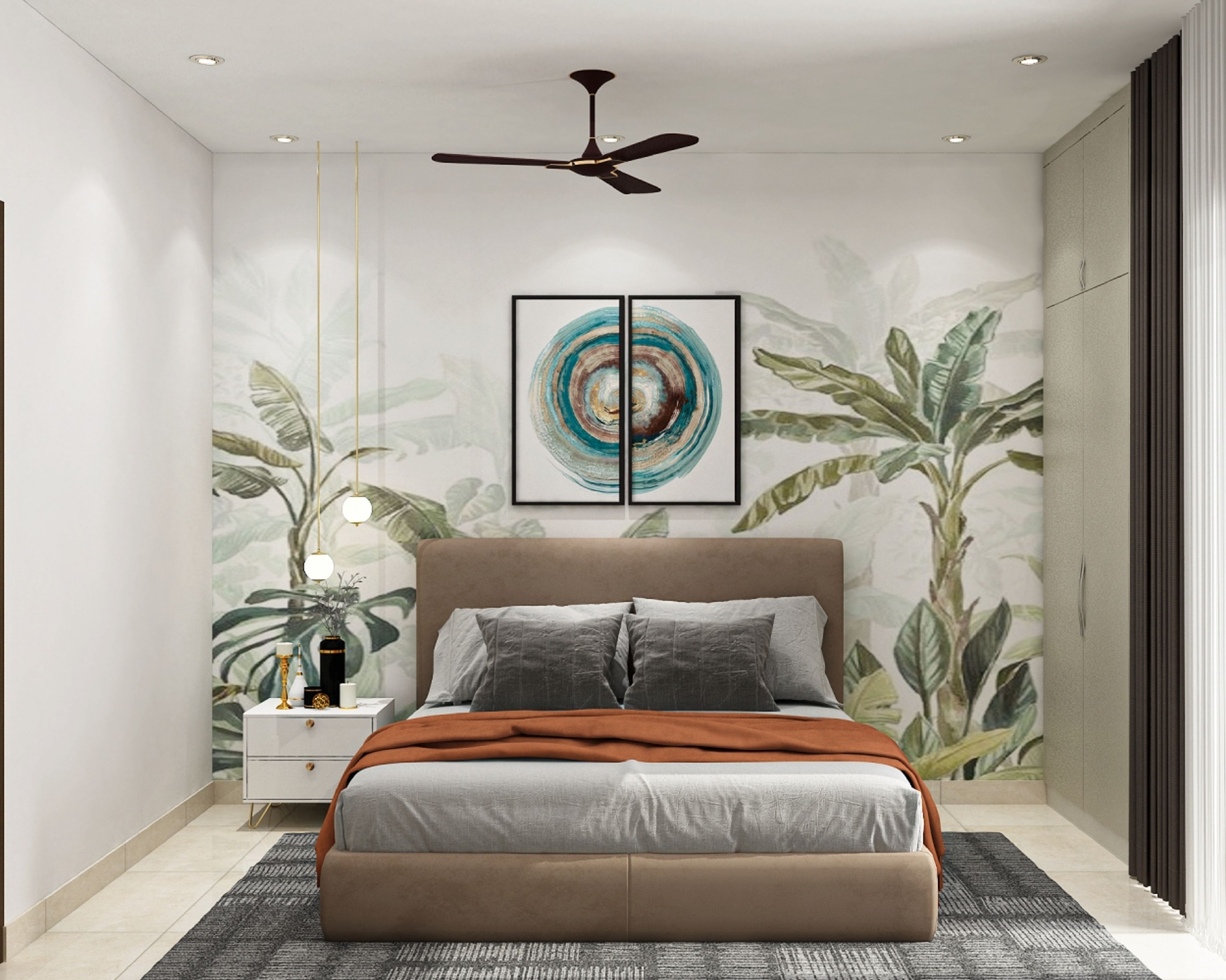 Modern white and green leafy wallpaper for refreshing bedrooms -Livspace