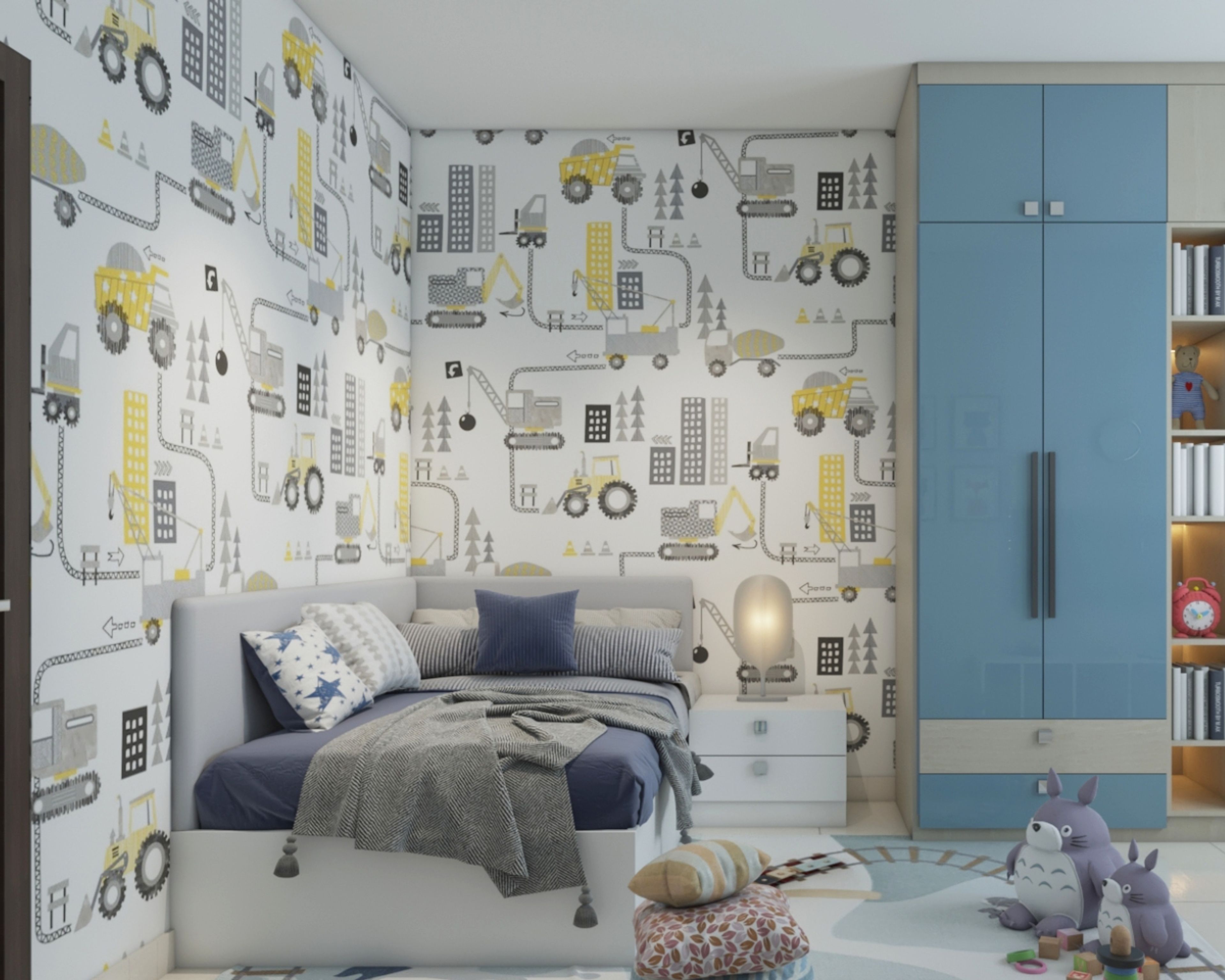White, Yellow And Grey Car-Themed Wallpaper Design For Kids Bedrooms  - Livspace