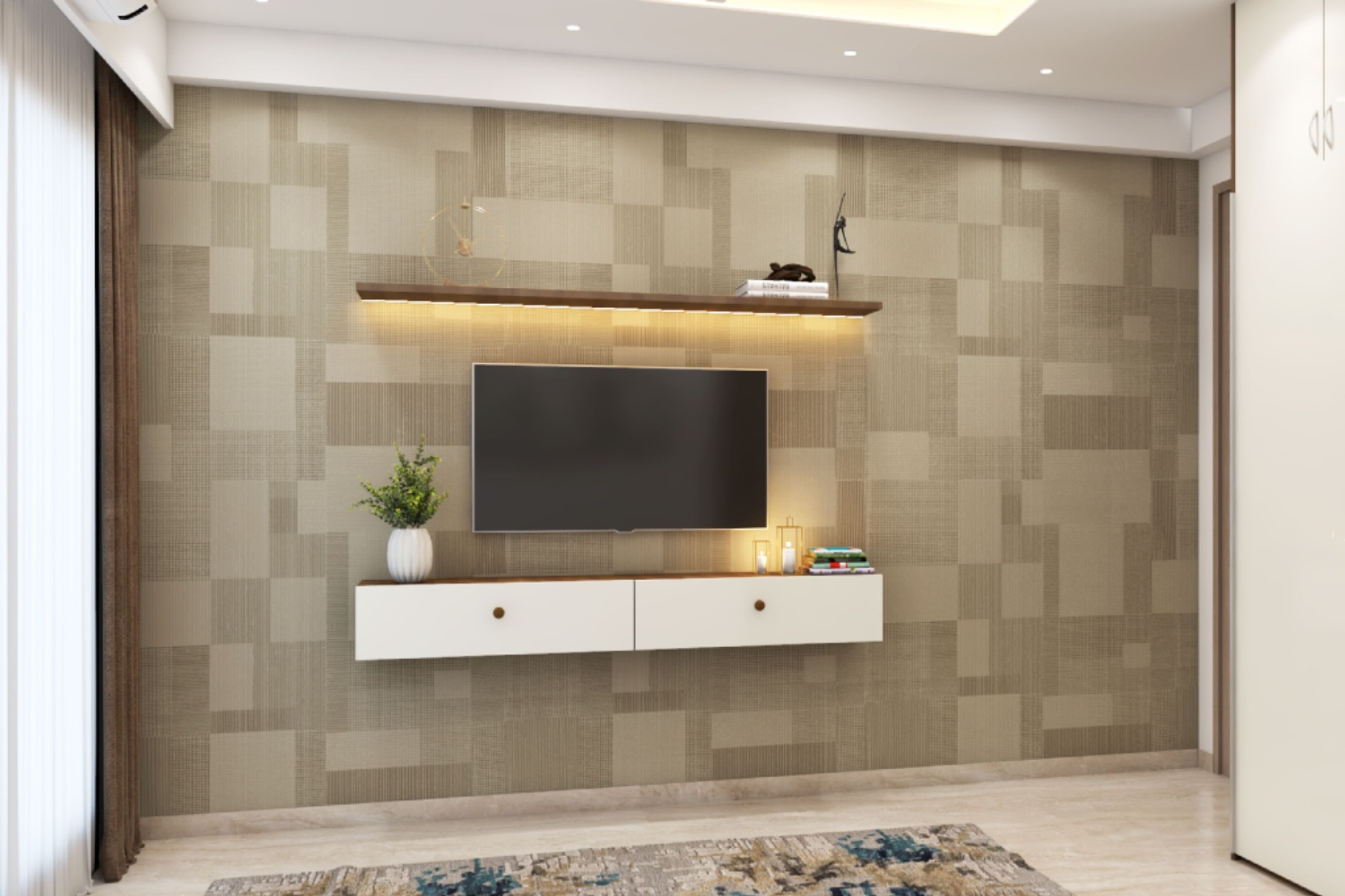 Patterned Beige And Brown Wallpaper Design For The TV Unit Wall - Livspace