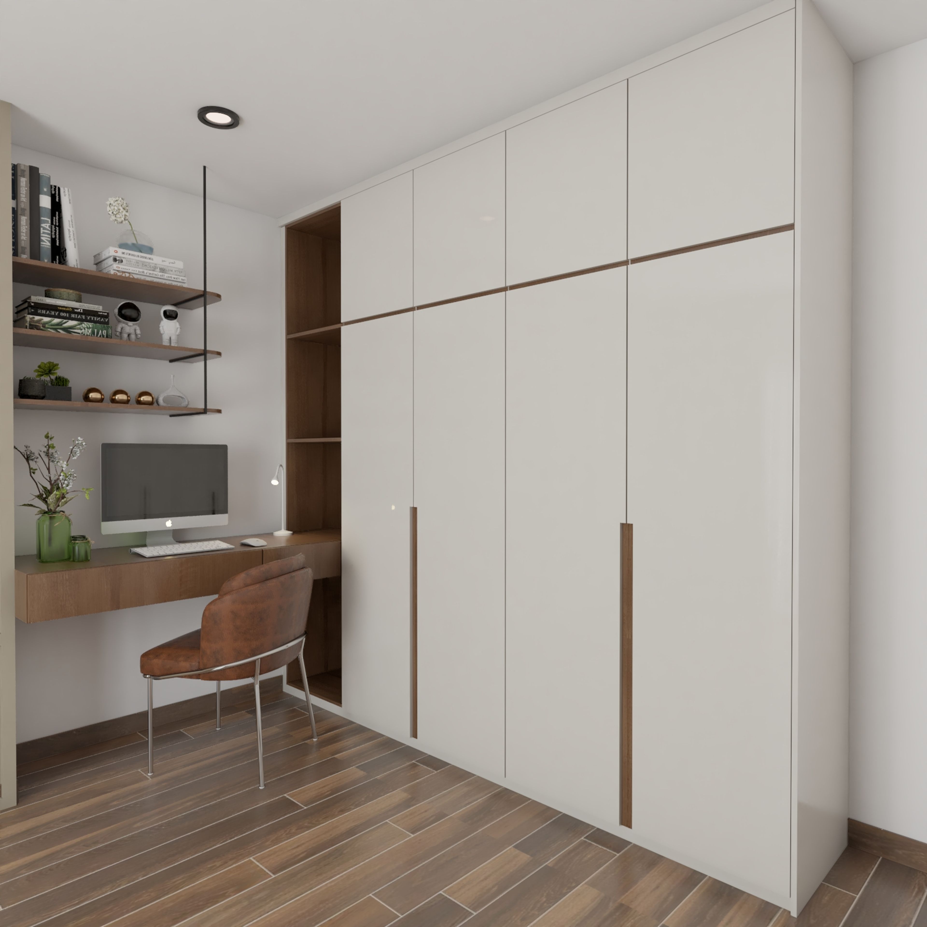 Contemporary 4-Door White Swing Wardrobe Design With An Integrated Wooden Study Table