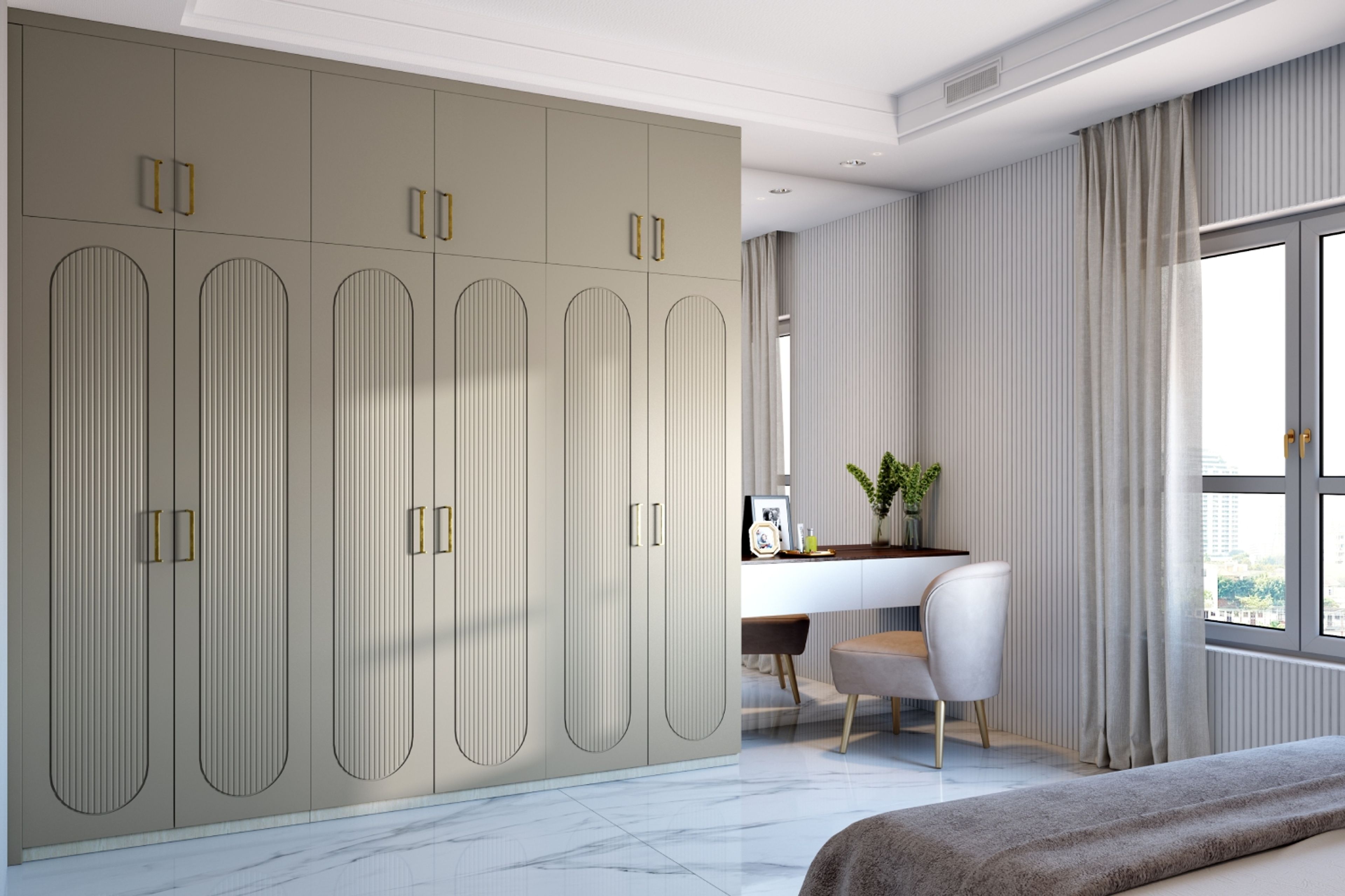 Contemporary Pumic Grey Swing Wardrobe Design with Dressing Table