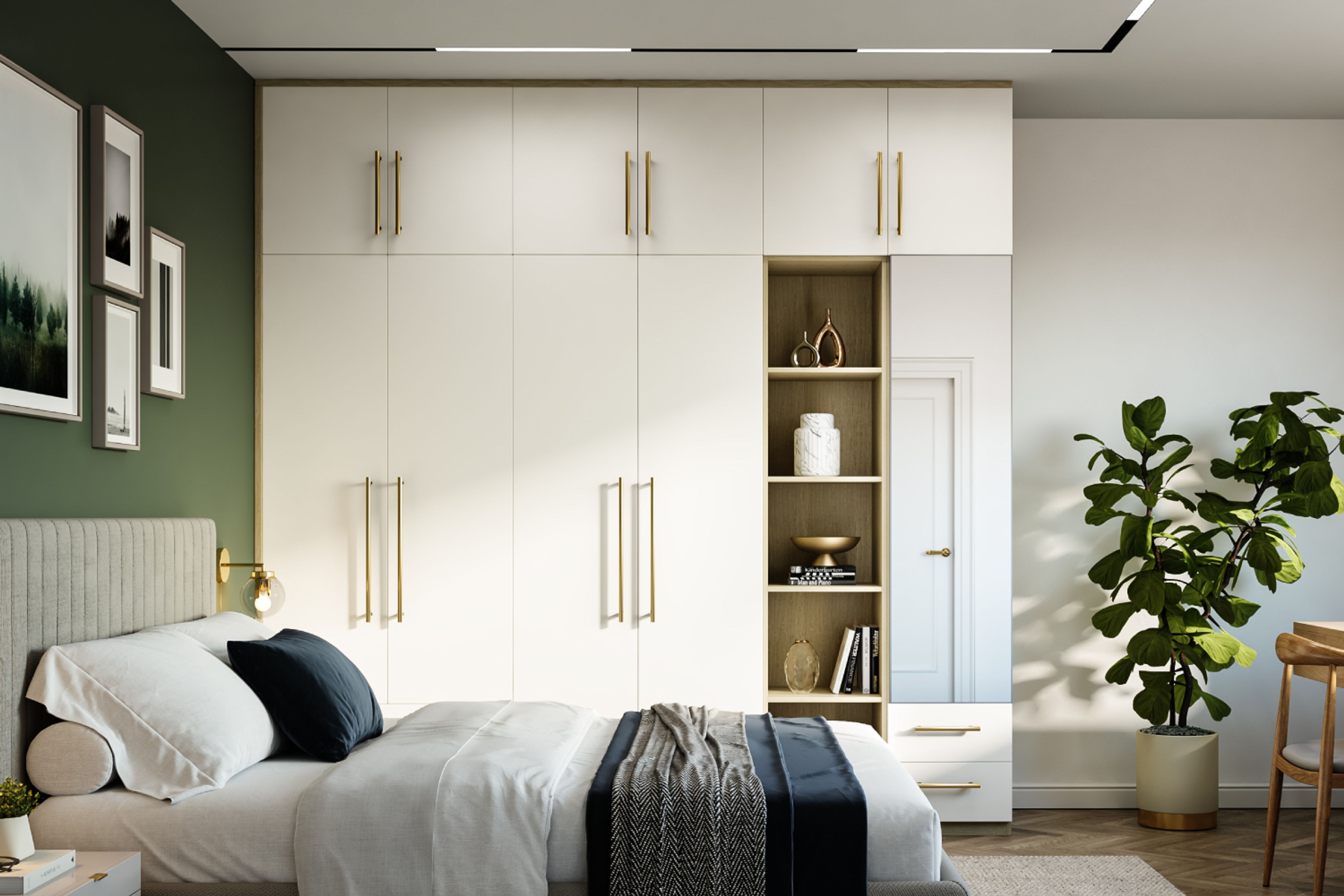 Contemporary 5-Door White Swing Wardrobe Design With Brass Handles And Mirror