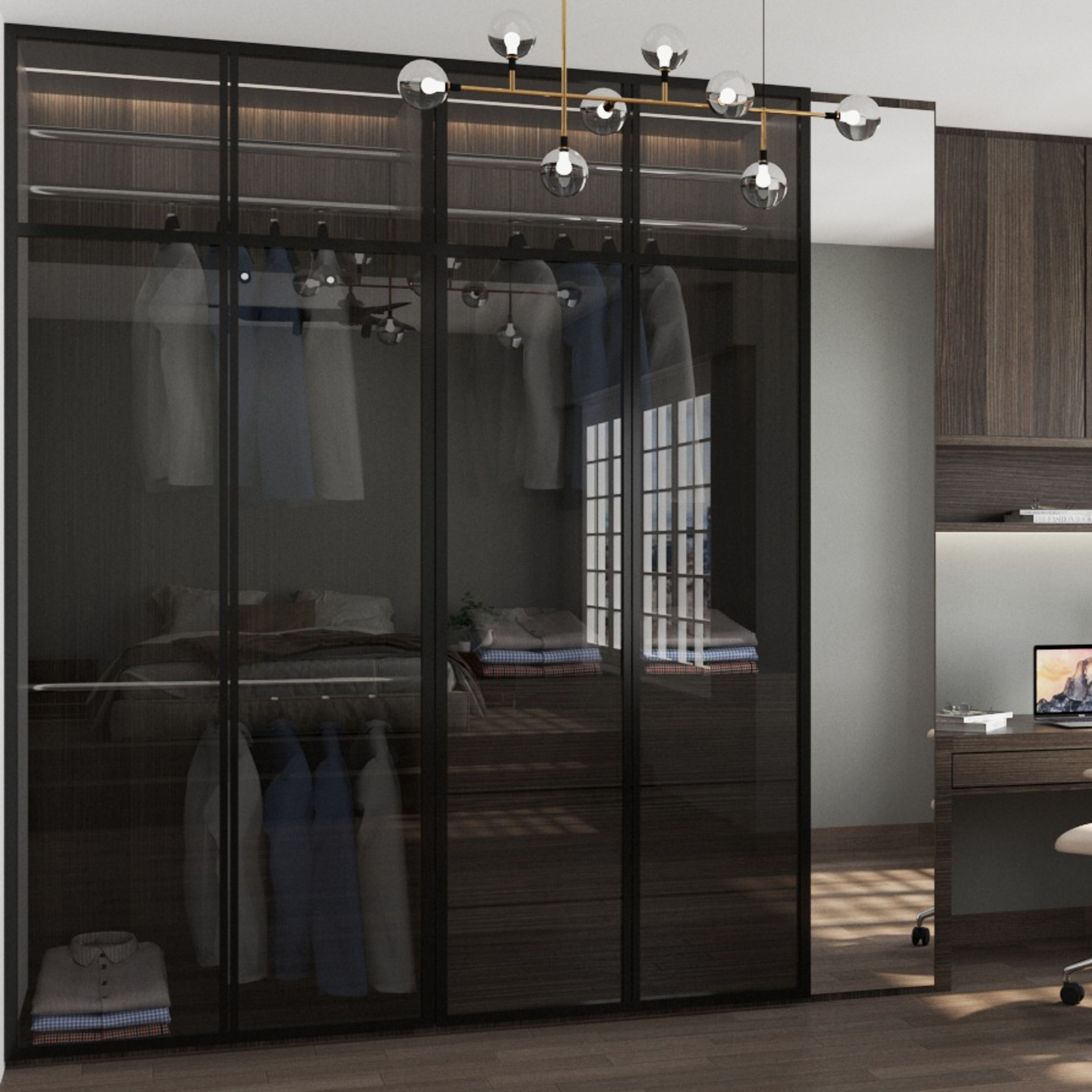 Modern 4-door swing wardrobe design in matte finish with long mirror - Livspace