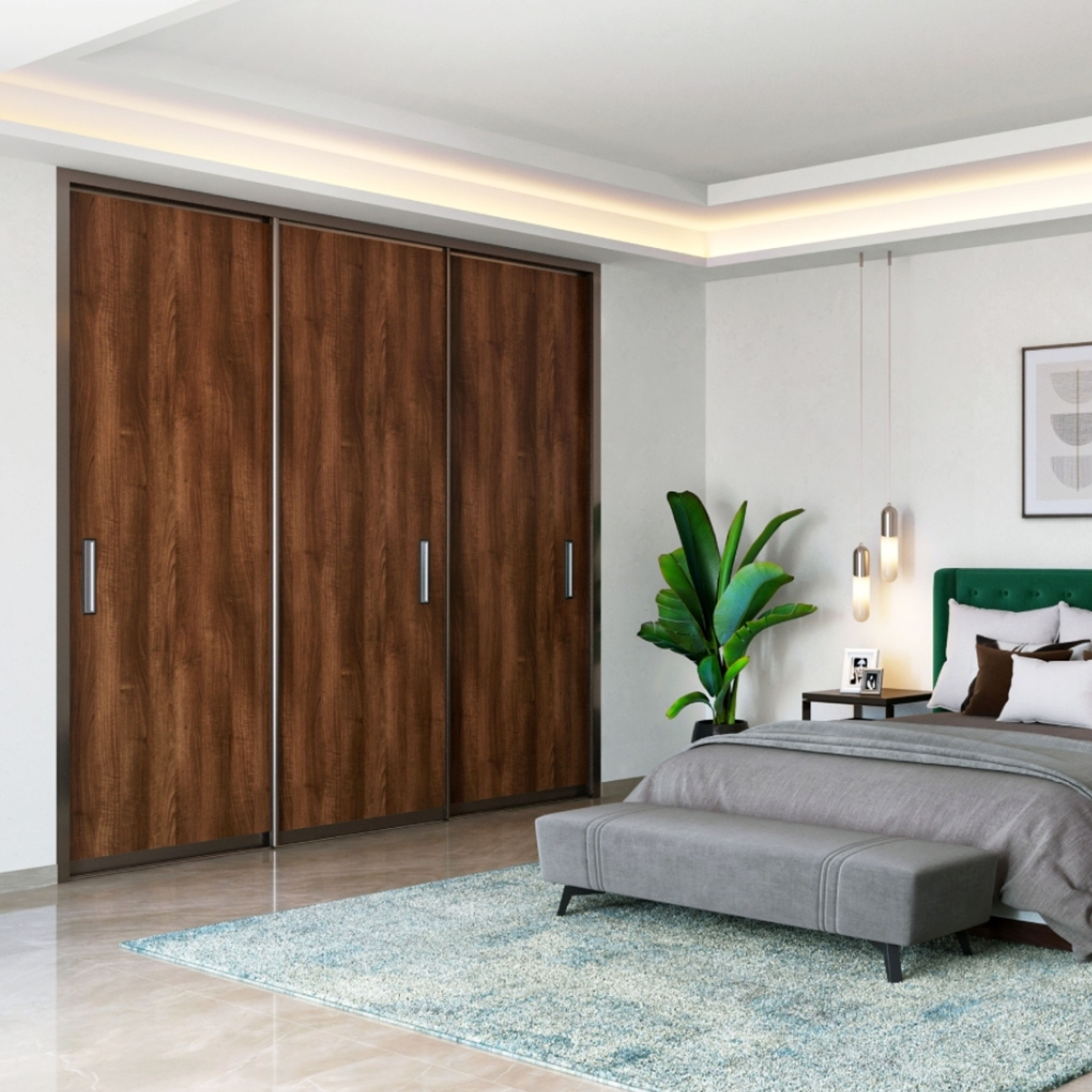 Mid-Century Modern 3-Door Dark Wood Sliding Wardrobe Design For Bedrooms