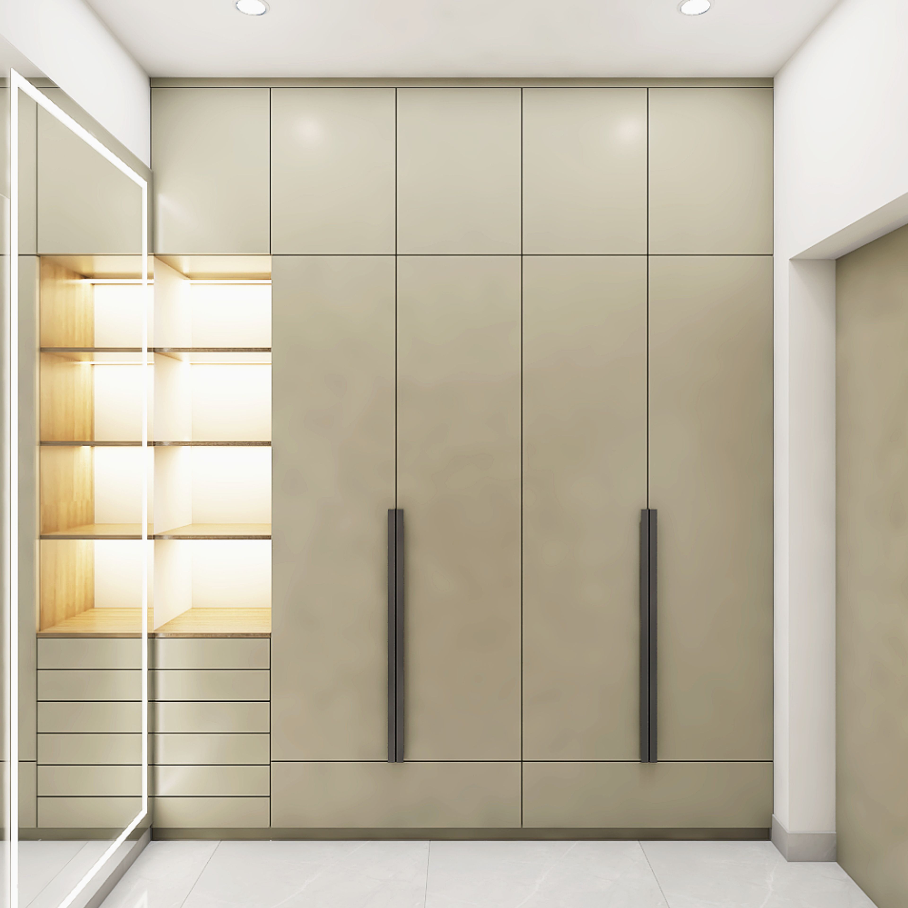 Modern 4-Door Irish Cream Swing Wardrobe Design With Open Shelves