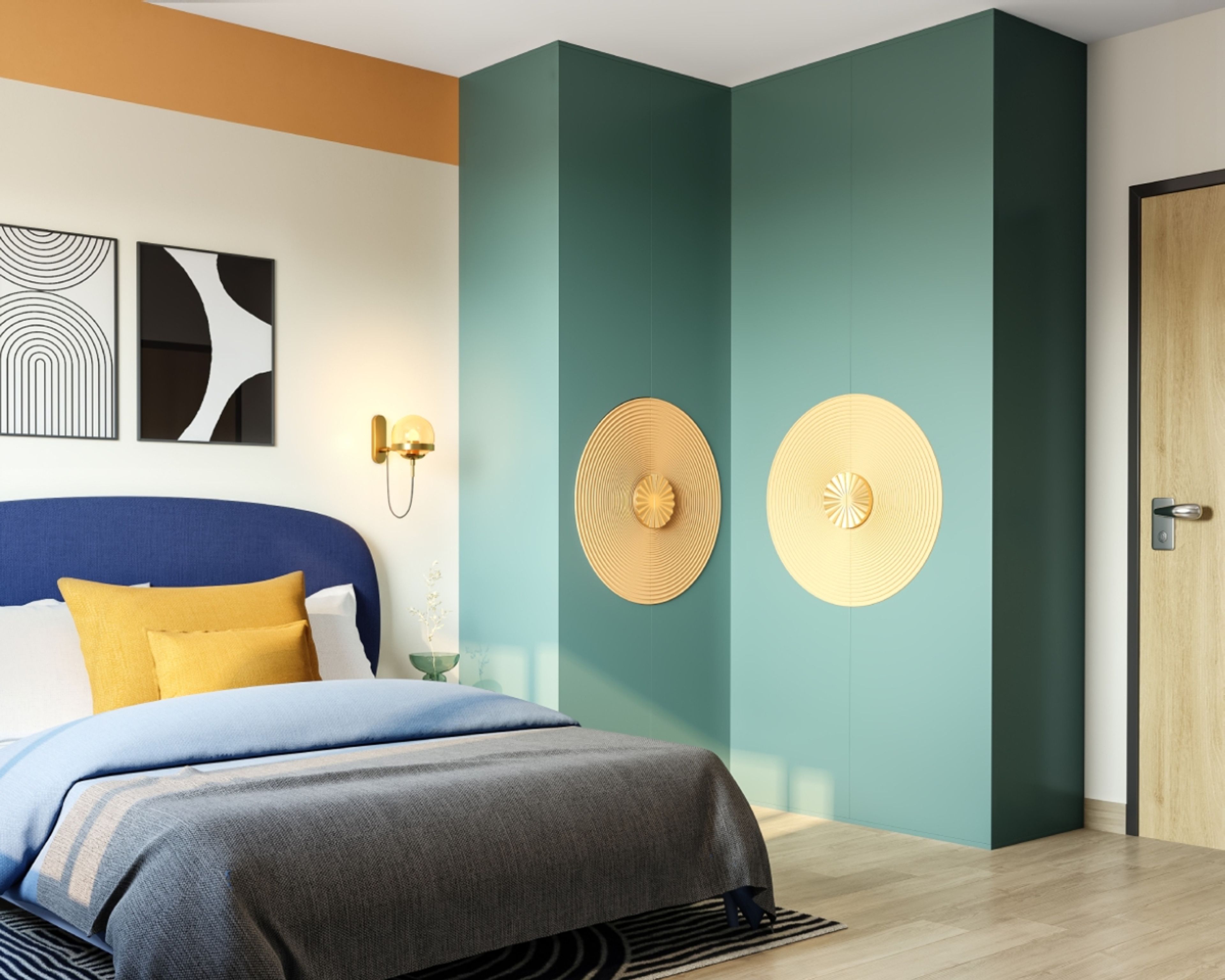 Vintage 4-Door Sea Green Swing Wardrobe Design With Gold Handles