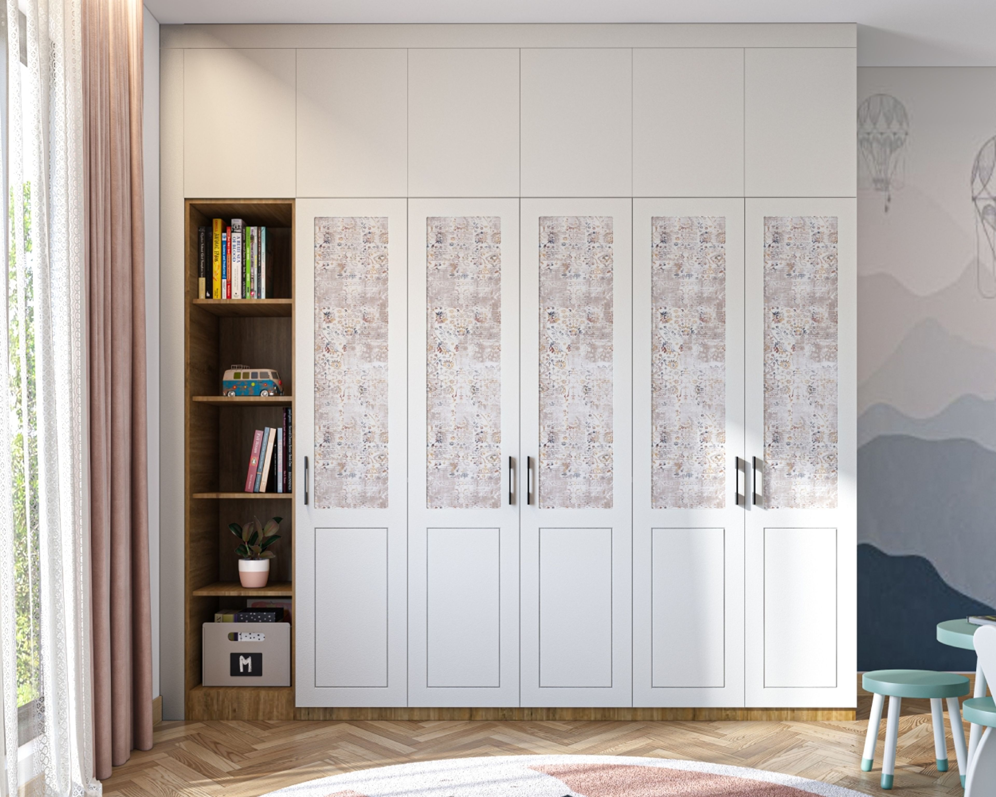 5-Door Modern Swing Wardrobe Design with Open Shelf