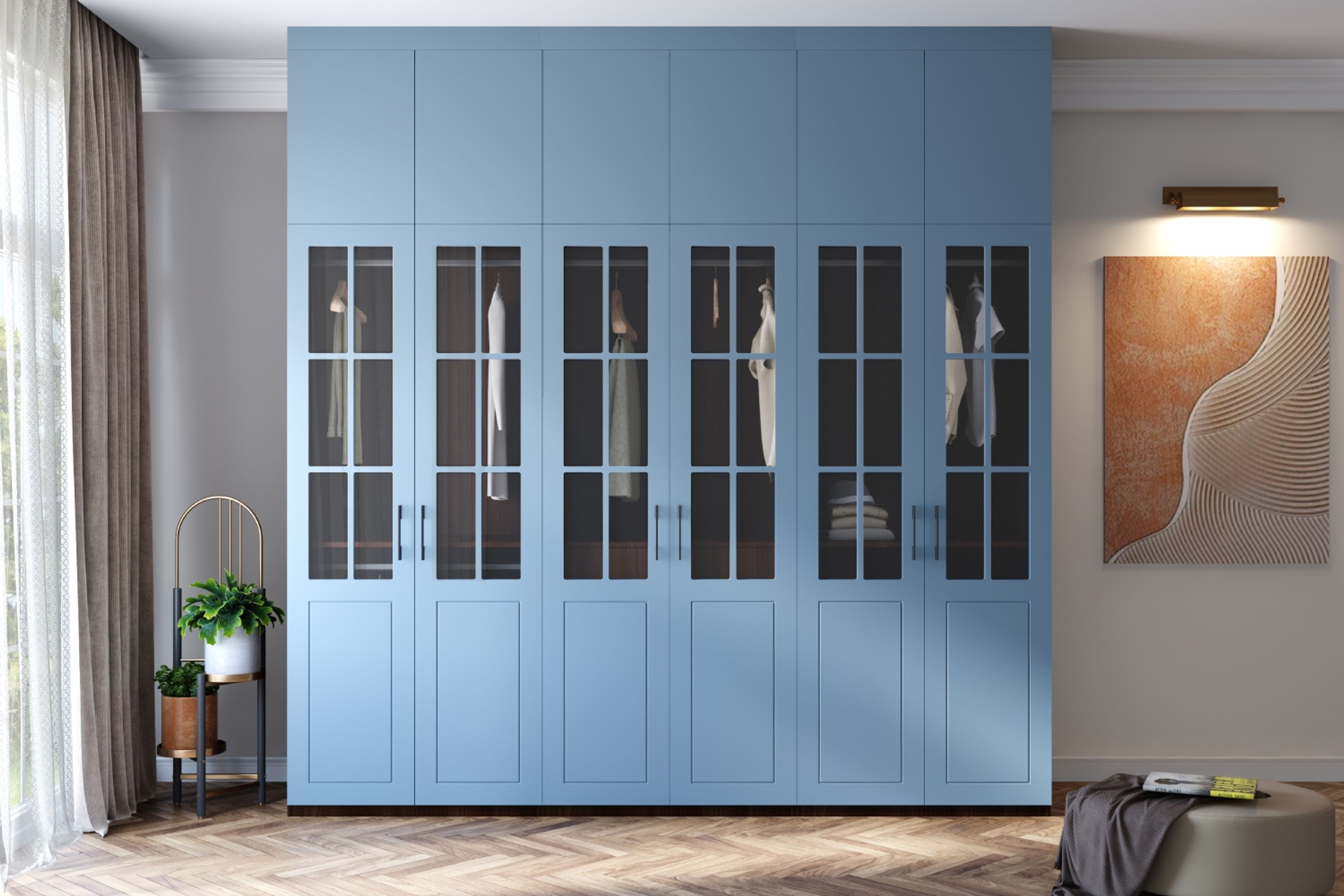 Glass Shutter Denim Suedette Modern Swing Wardrobe Design
