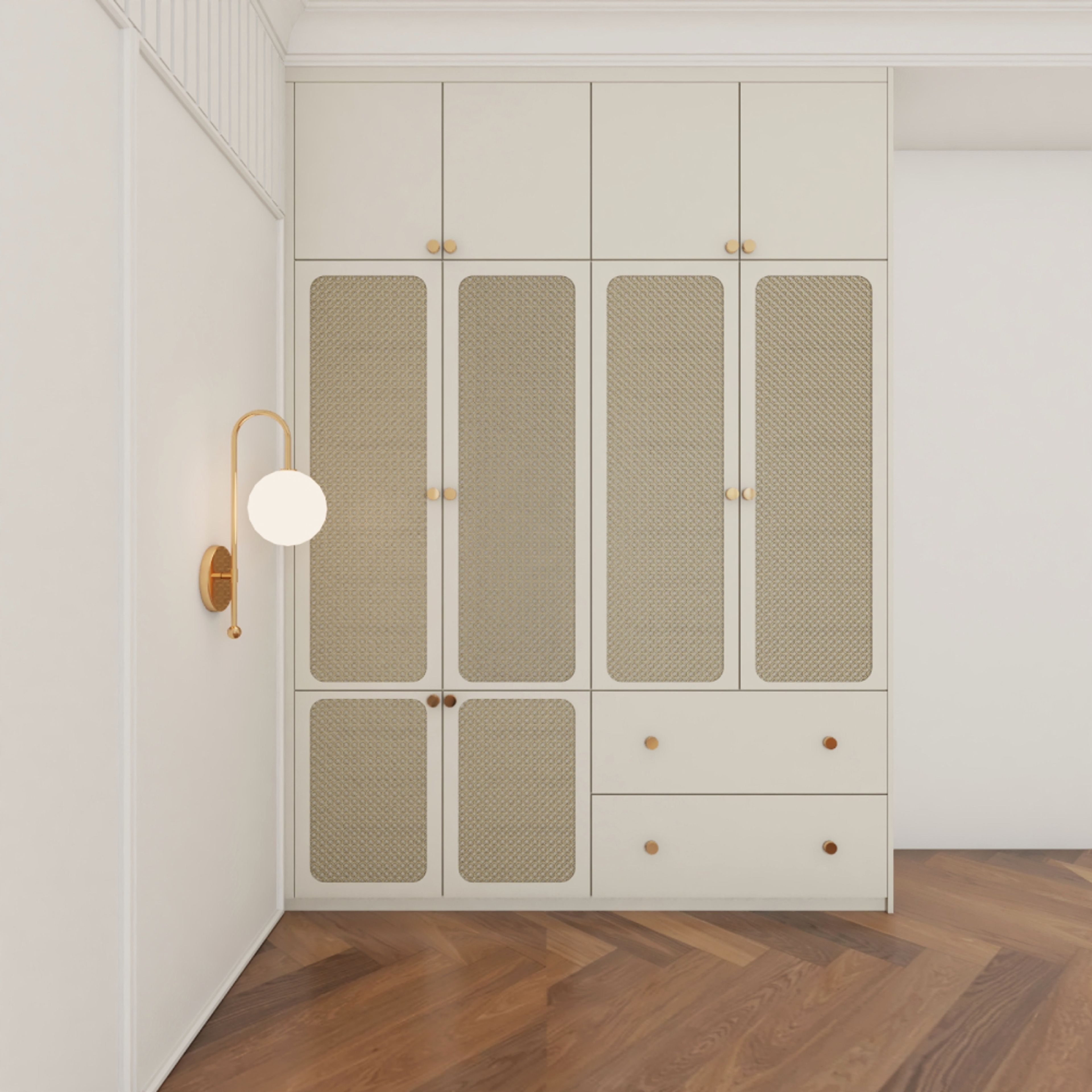 Classic 6-Doors White And Rattan Swing Wardrobe Design With Loft Storage
